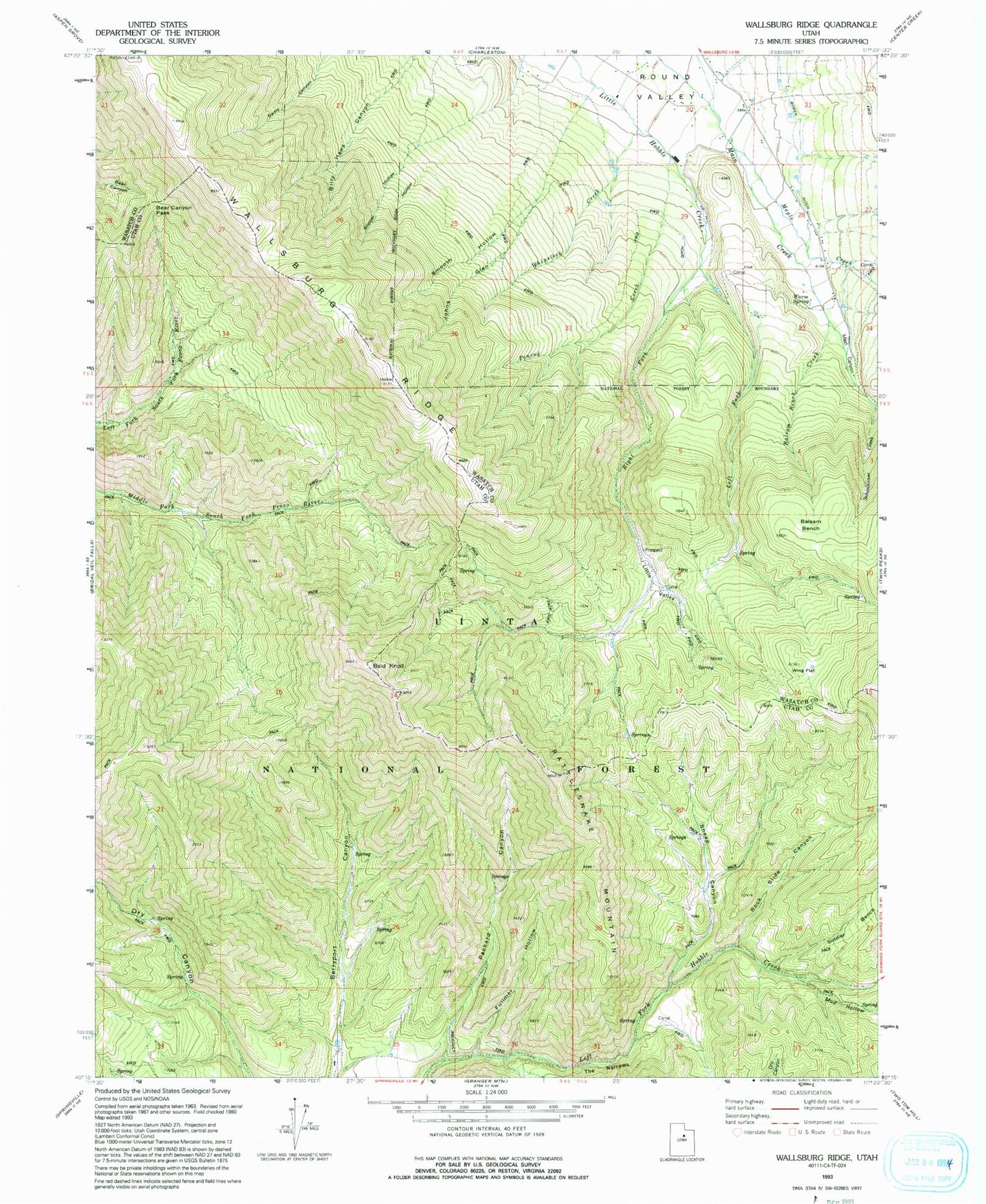 Classic USGS Wallsburg Ridge Utah 7.5'x7.5' Topo Map Image