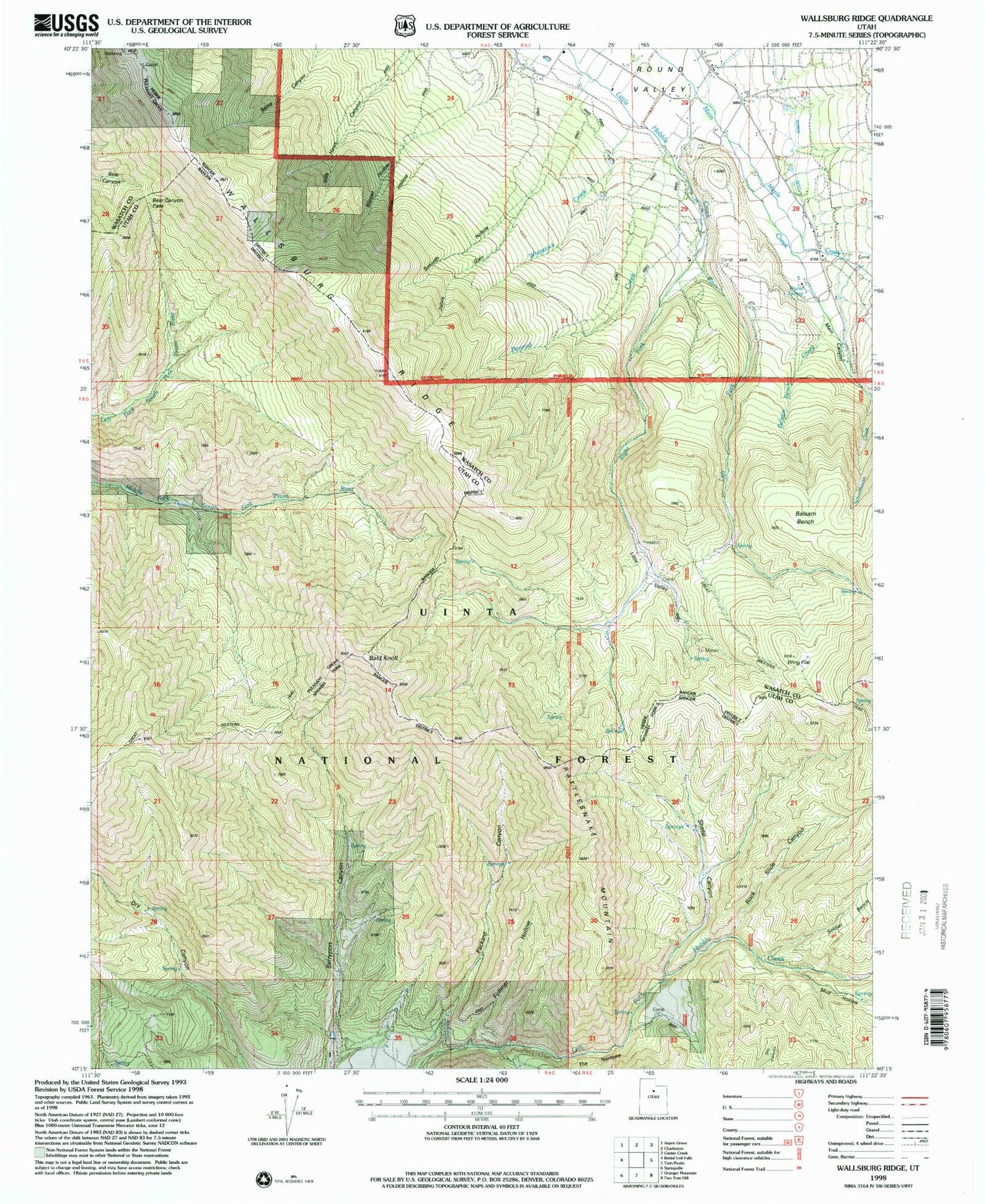 Classic USGS Wallsburg Ridge Utah 7.5'x7.5' Topo Map Image