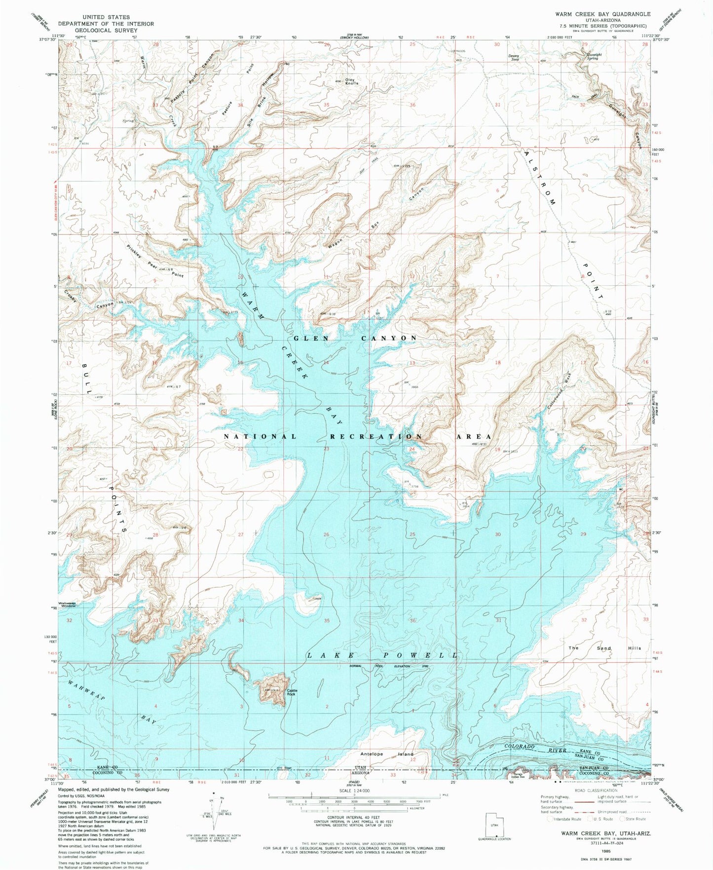 Classic USGS Warm Creek Bay Utah 7.5'x7.5' Topo Map Image