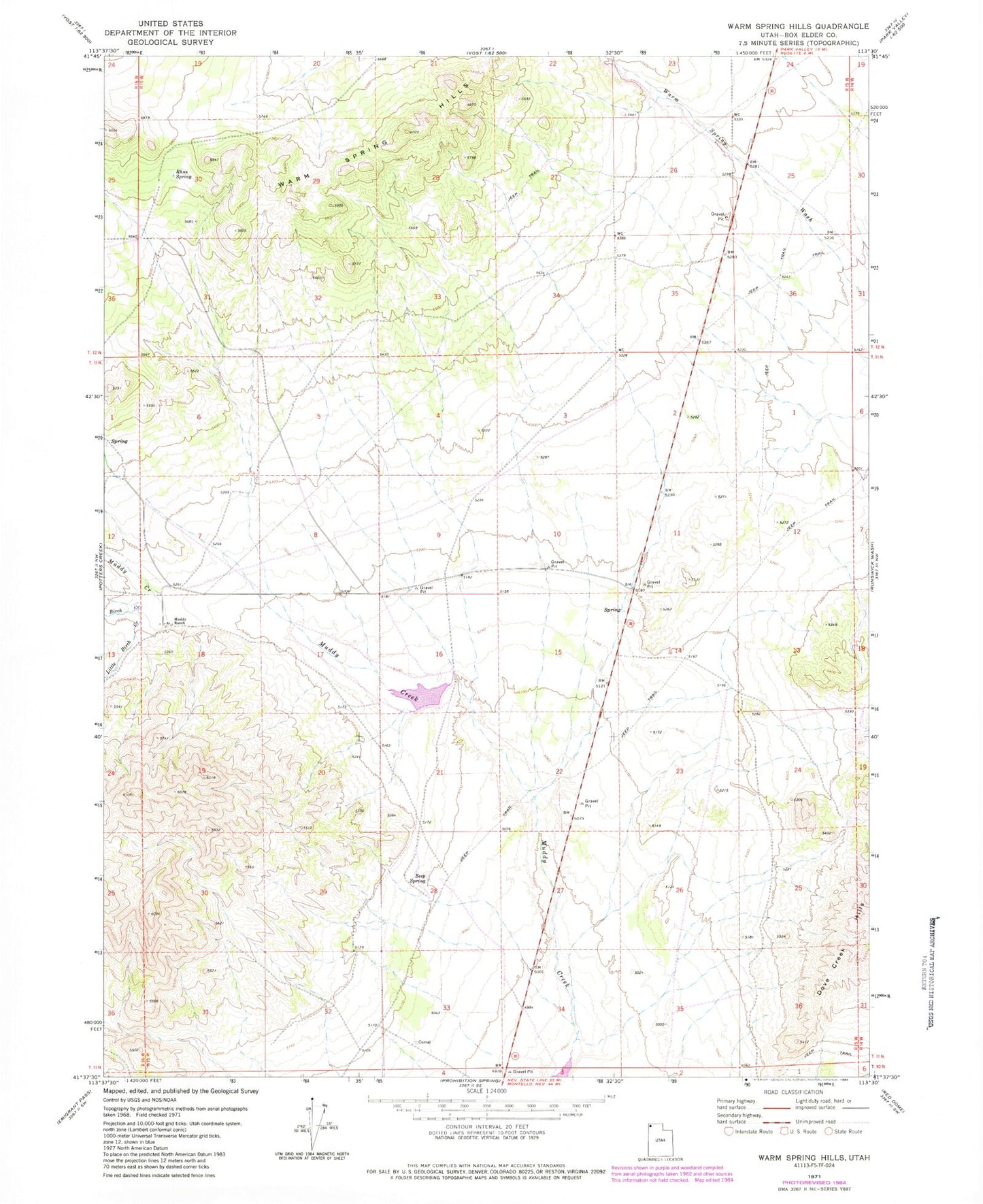 Classic USGS Warm Spring Hills Utah 7.5'x7.5' Topo Map Image
