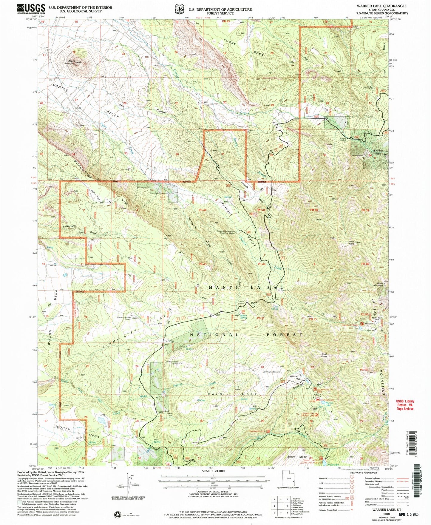 Classic USGS Warner Lake Utah 7.5'x7.5' Topo Map Image