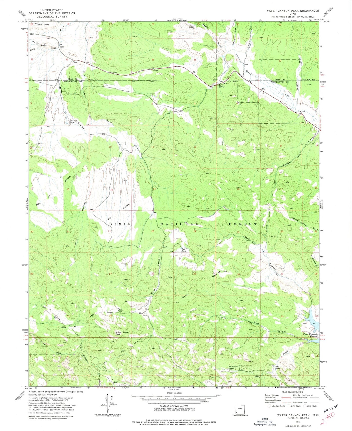 Classic USGS Water Canyon Peak Utah 7.5'x7.5' Topo Map Image