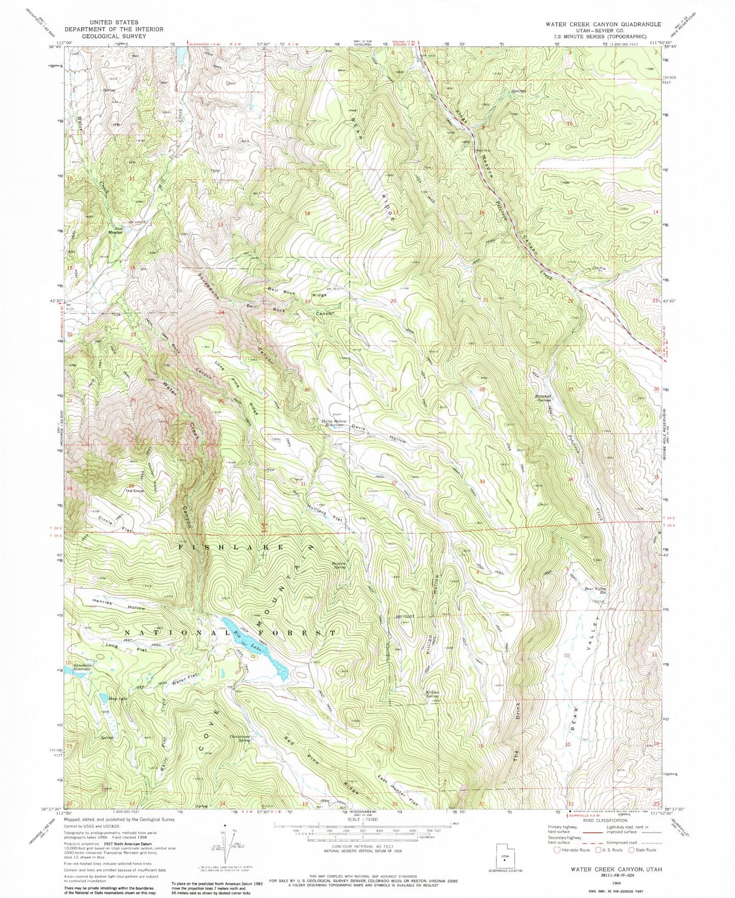Classic USGS Water Creek Canyon Utah 7.5'x7.5' Topo Map Image