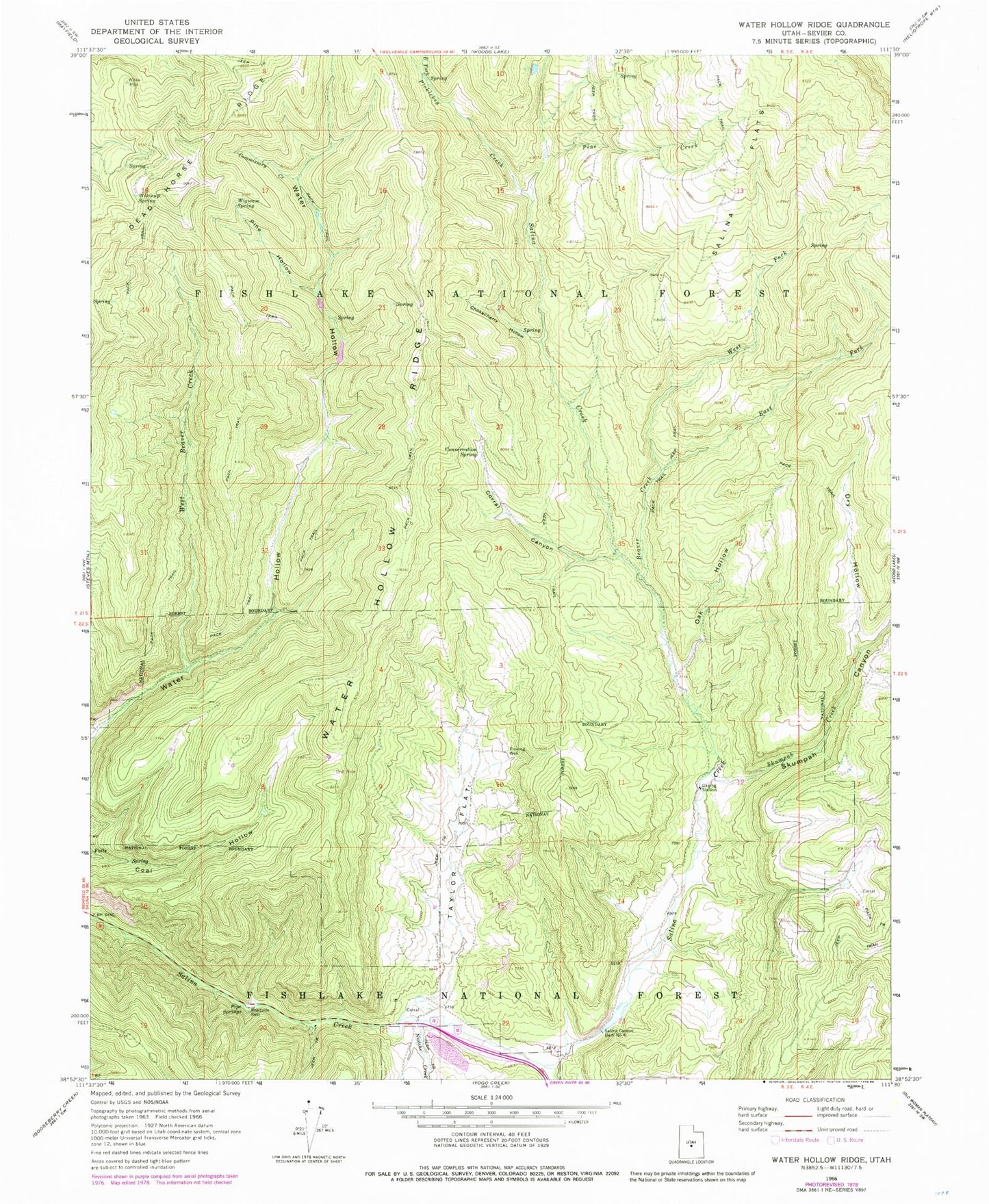 Classic USGS Water Hollow Ridge Utah 7.5'x7.5' Topo Map Image