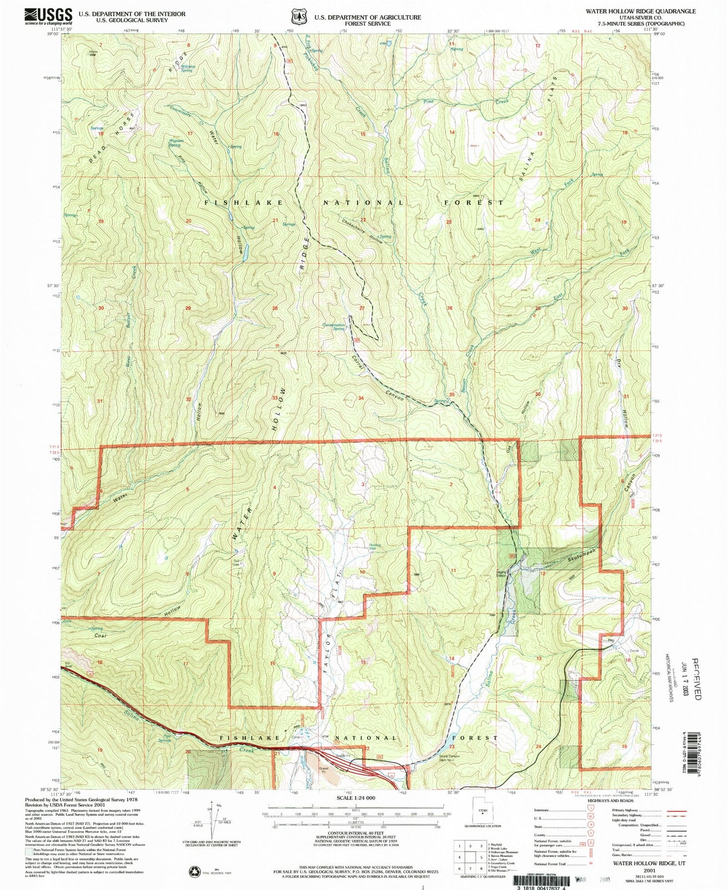 Classic USGS Water Hollow Ridge Utah 7.5'x7.5' Topo Map Image