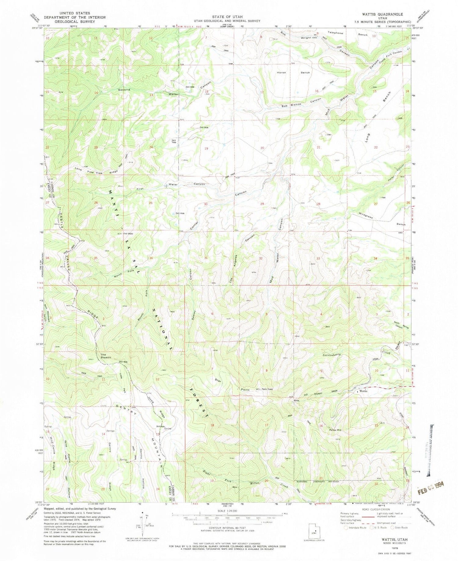 Classic USGS Wattis Utah 7.5'x7.5' Topo Map Image