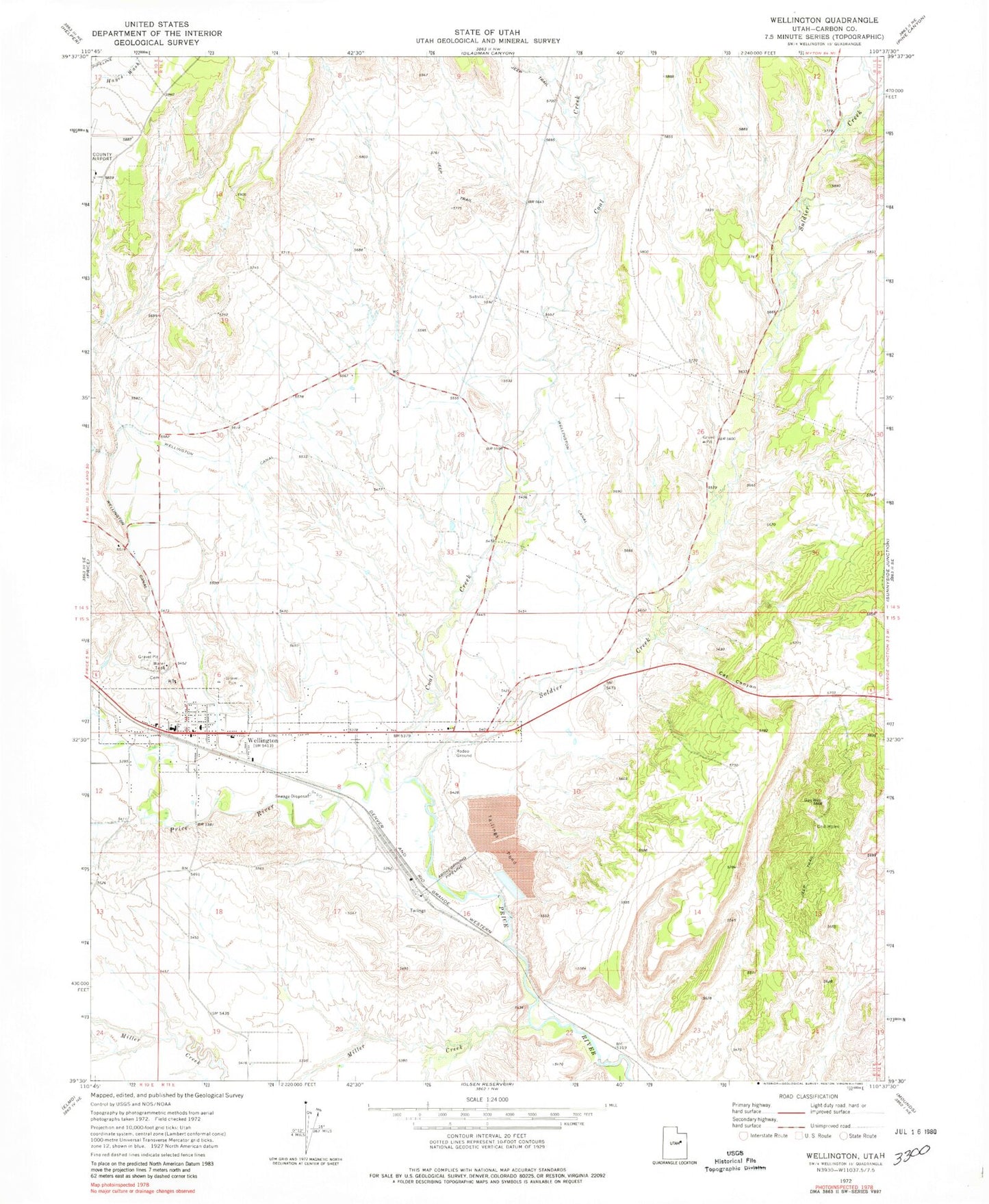 Classic USGS Wellington Utah 7.5'x7.5' Topo Map Image