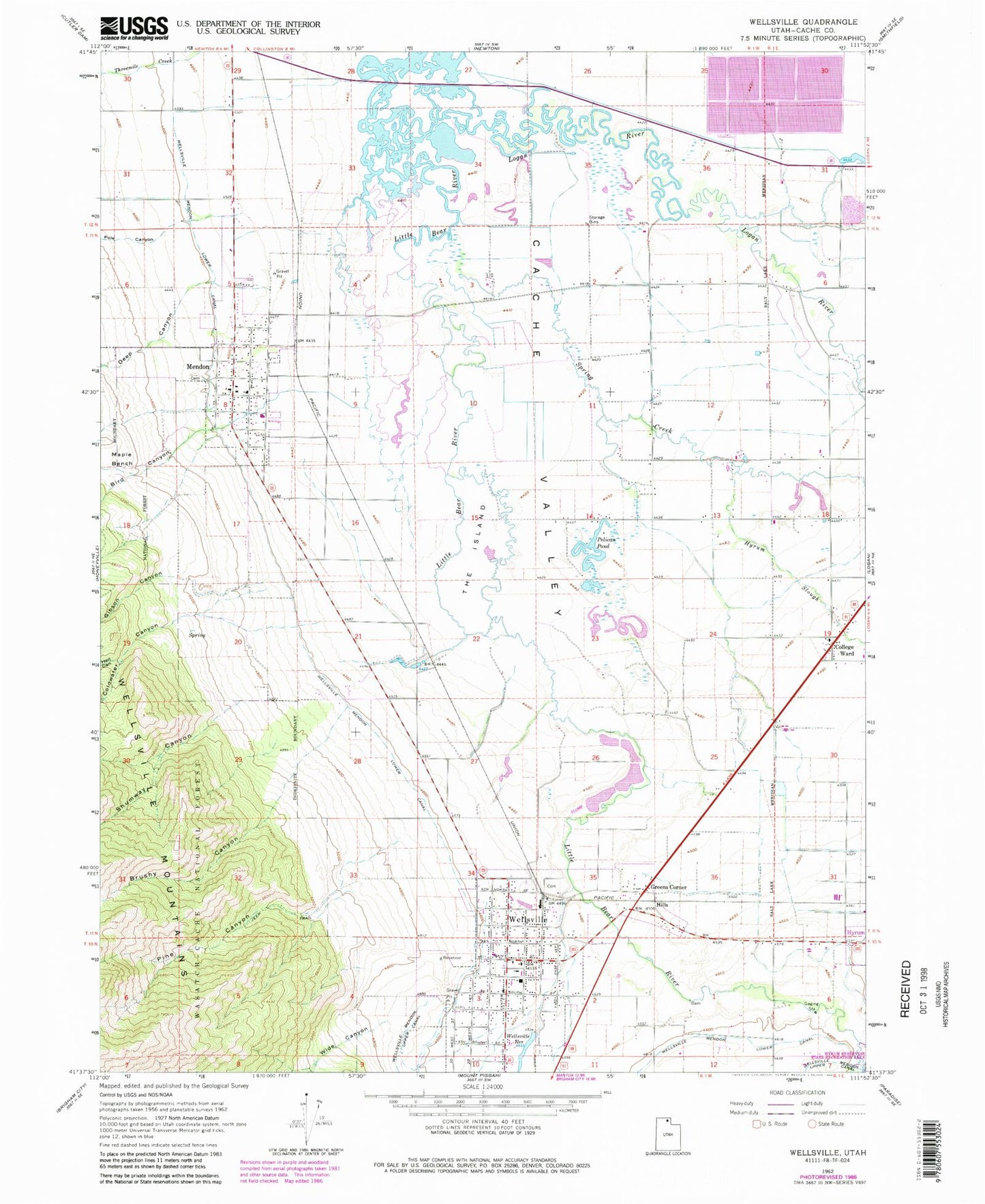 Classic USGS Wellsville Utah 7.5'x7.5' Topo Map Image