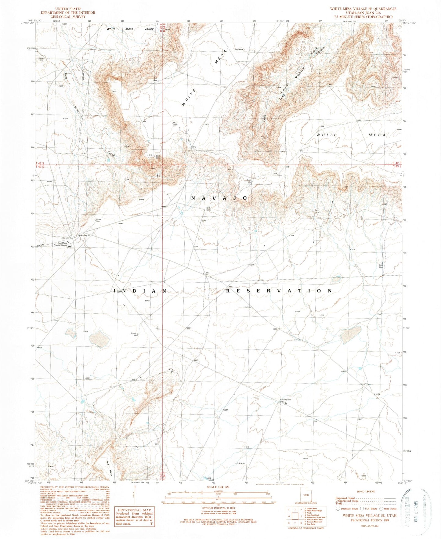 Classic USGS White Mesa Village SE Utah 7.5'x7.5' Topo Map Image
