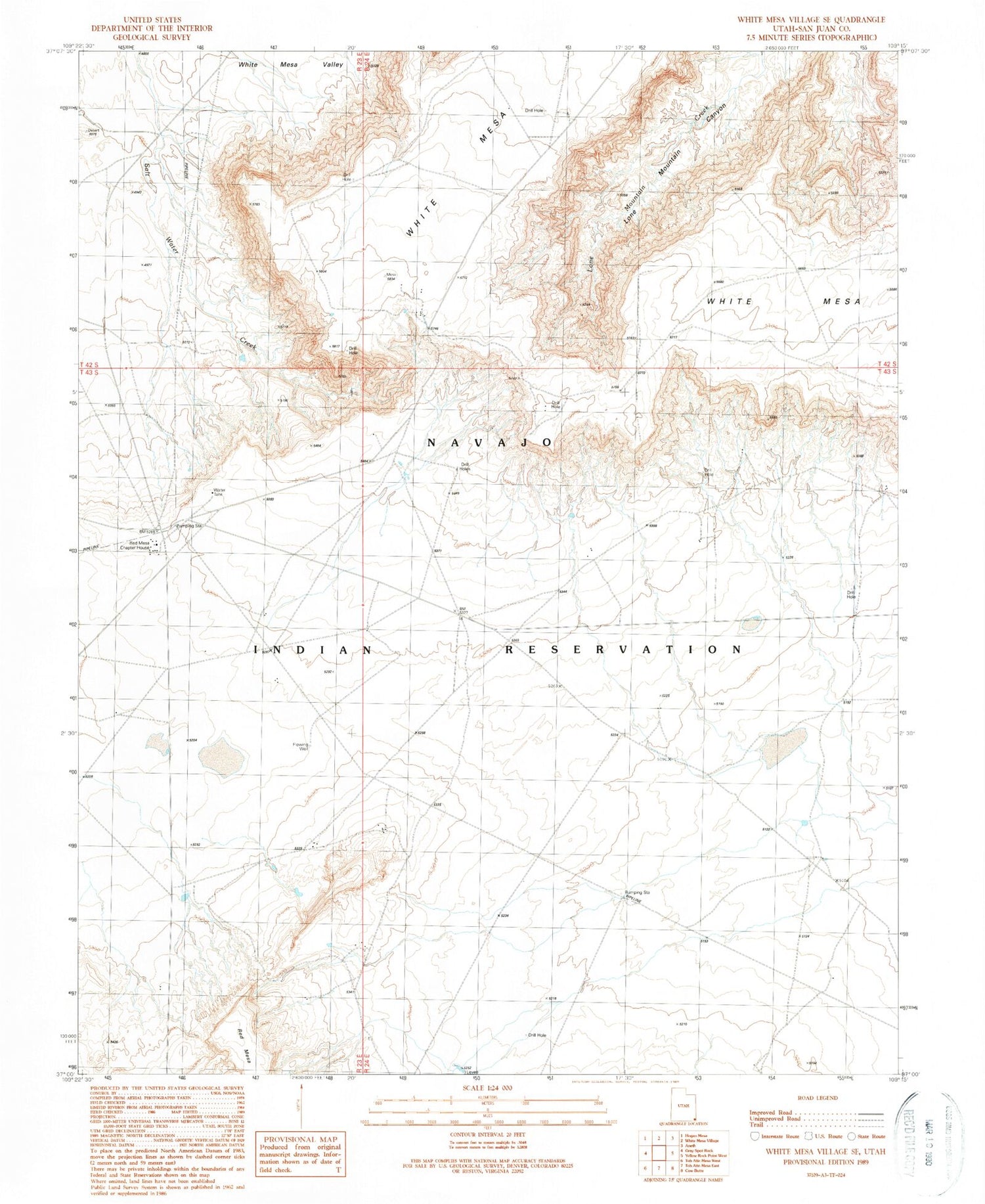 Classic USGS White Mesa Village SE Utah 7.5'x7.5' Topo Map Image