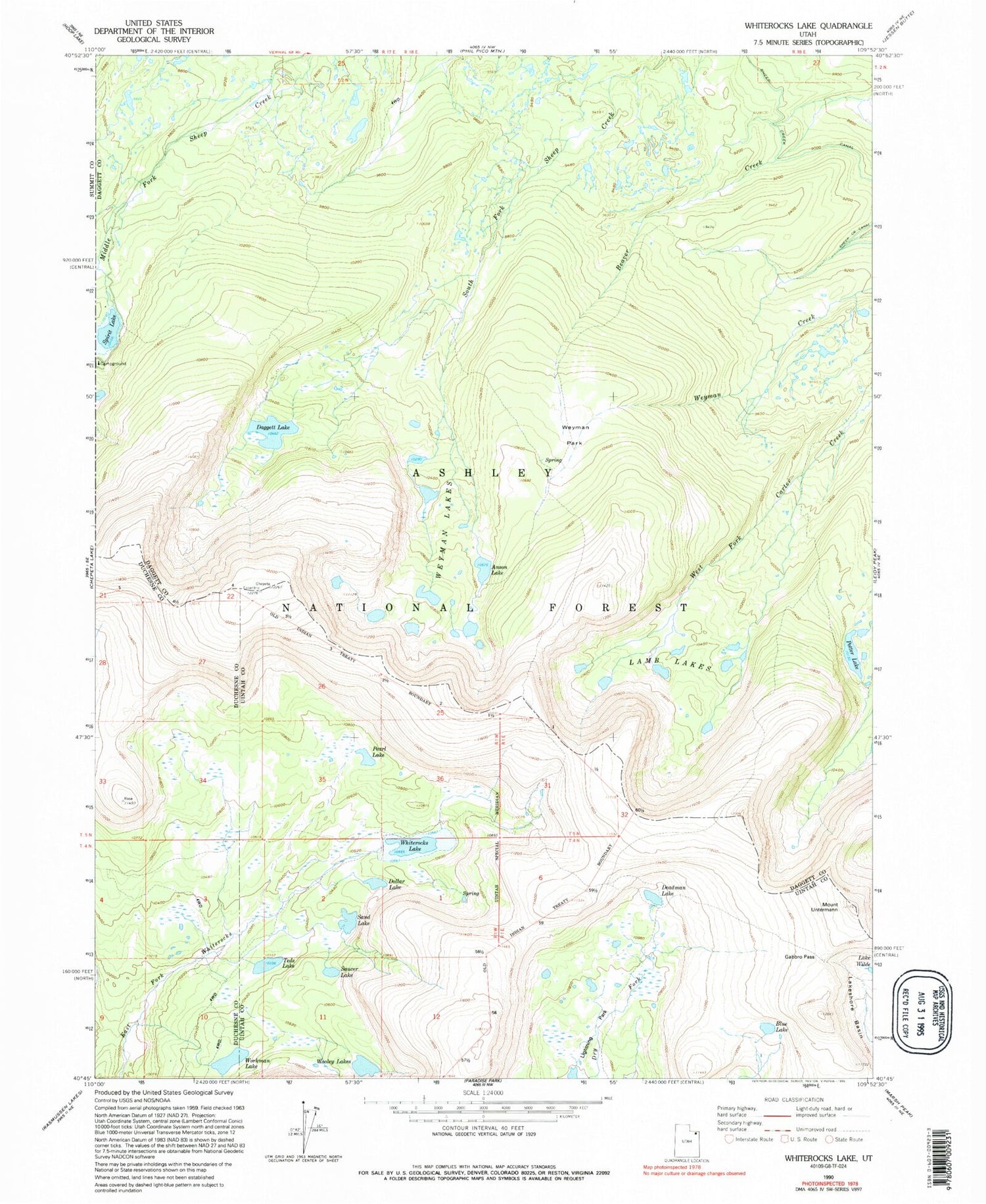 Classic USGS Whiterocks Lake Utah 7.5'x7.5' Topo Map Image