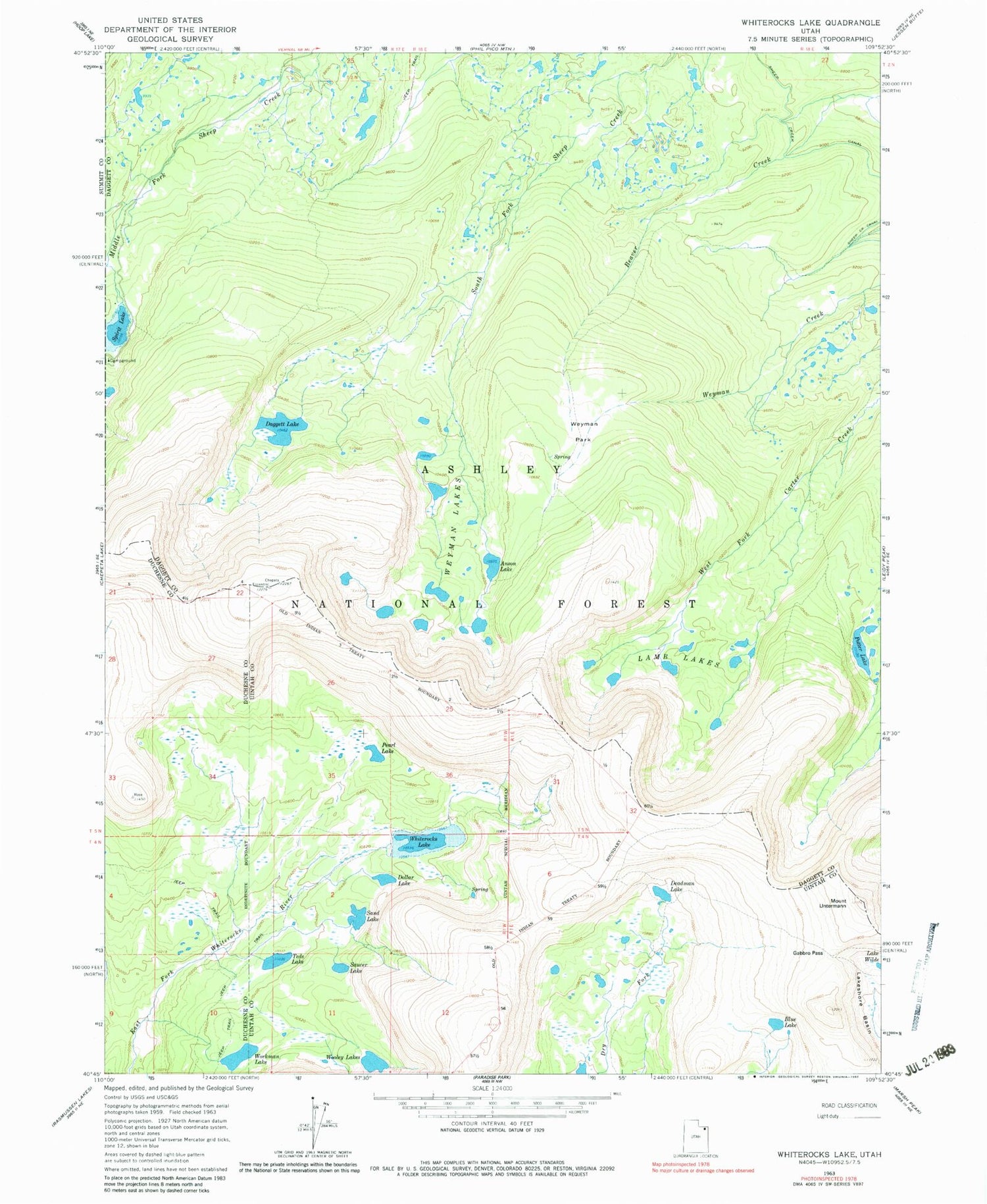 Classic USGS Whiterocks Lake Utah 7.5'x7.5' Topo Map Image