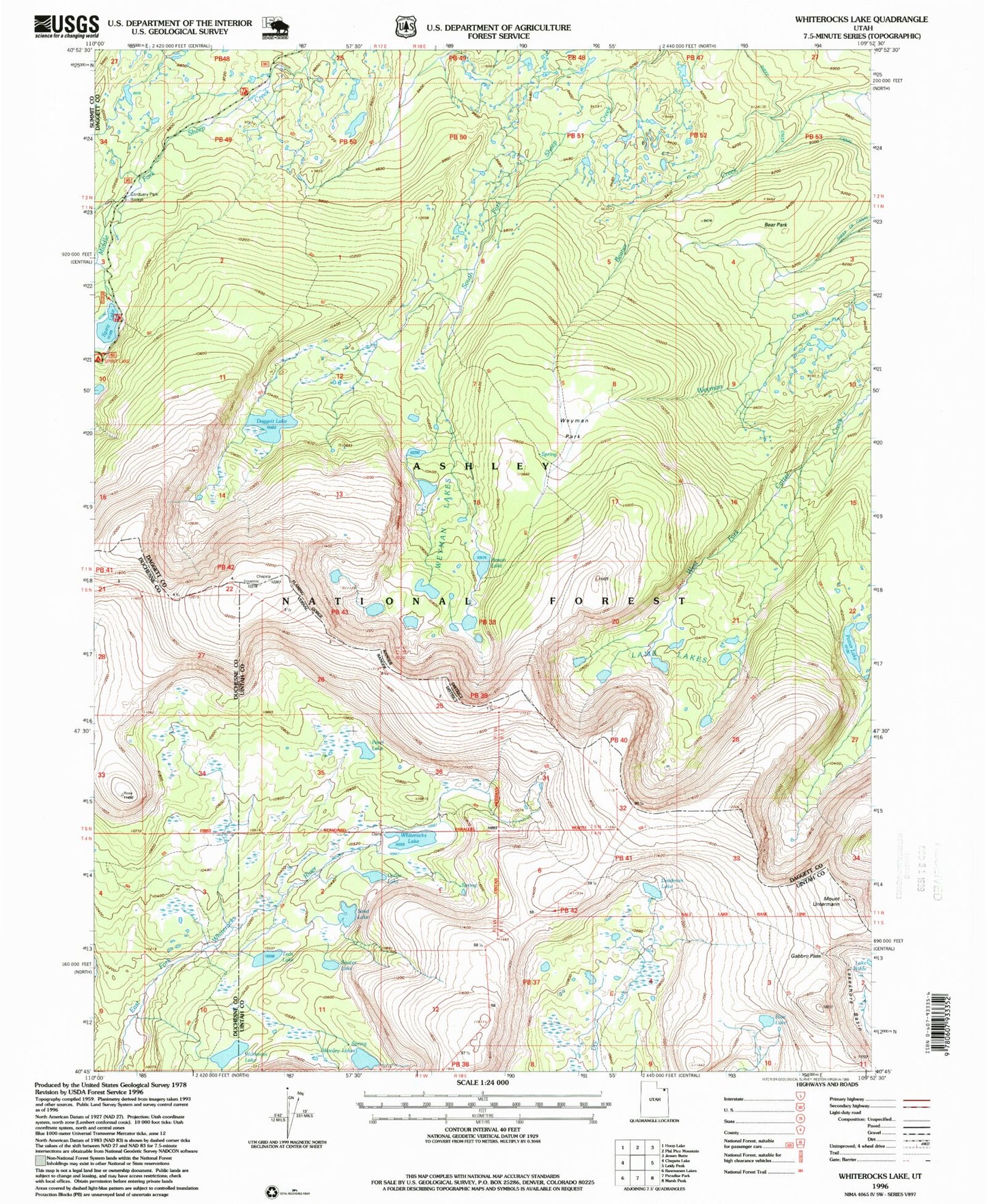 Classic USGS Whiterocks Lake Utah 7.5'x7.5' Topo Map Image
