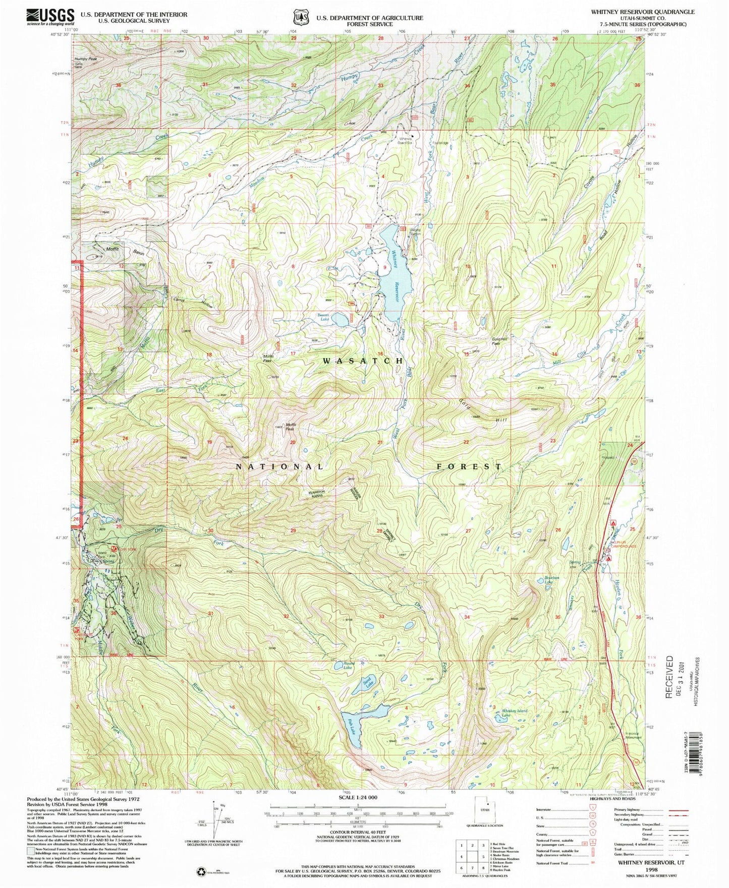 Classic USGS Whitney Reservoir Utah 7.5'x7.5' Topo Map Image