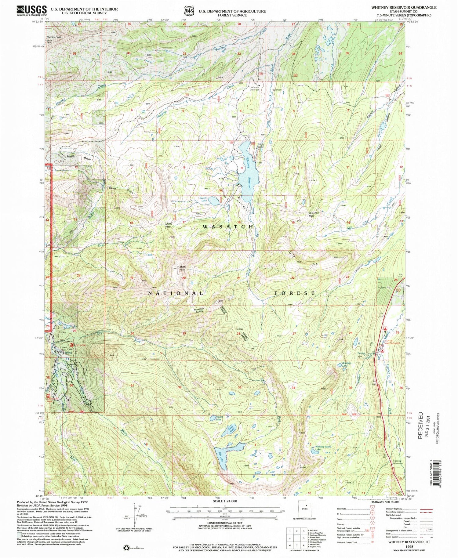 Classic USGS Whitney Reservoir Utah 7.5'x7.5' Topo Map Image