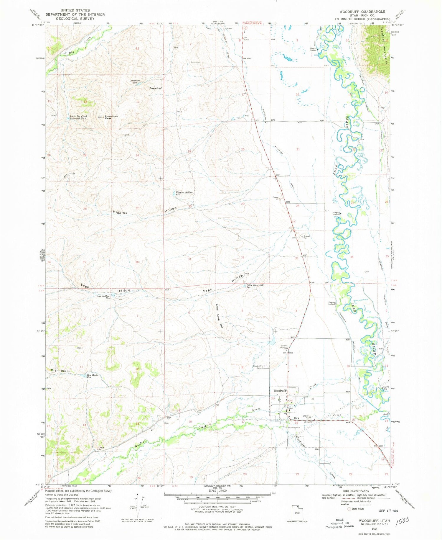 Classic USGS Woodruff Utah 7.5'x7.5' Topo Map Image
