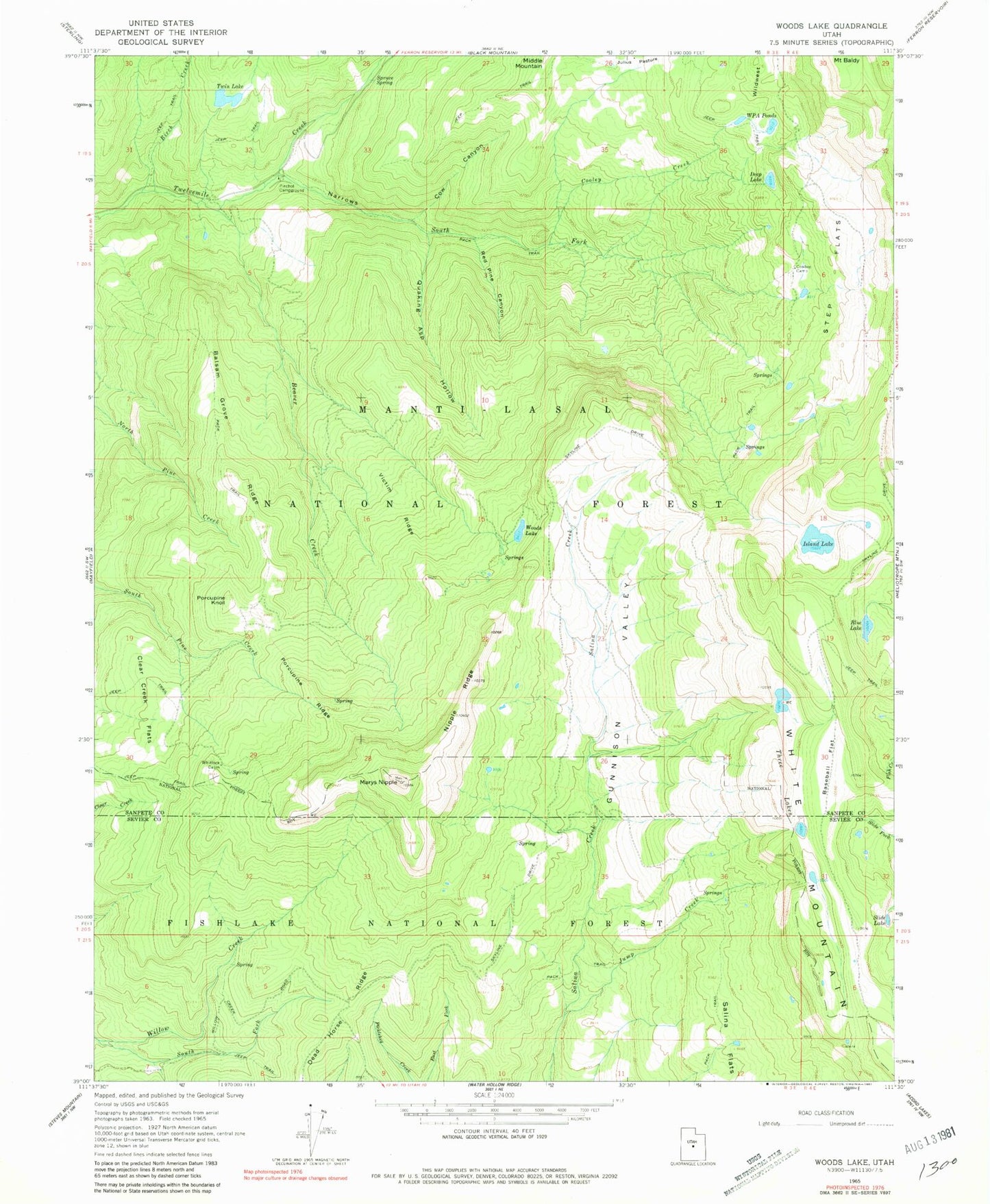 Classic USGS Woods Lake Utah 7.5'x7.5' Topo Map Image