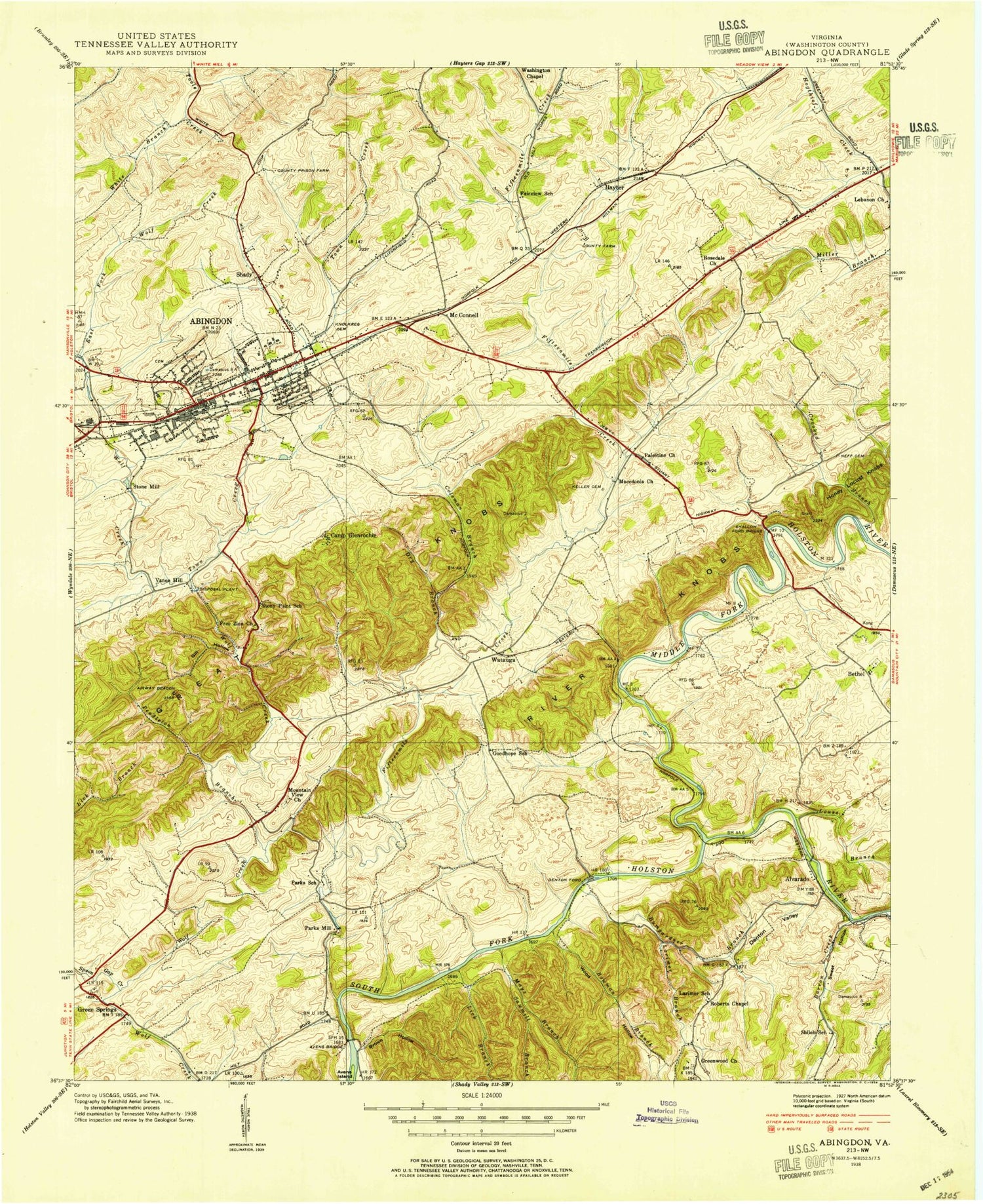 Classic USGS Abingdon Virginia 7.5'x7.5' Topo Map Image