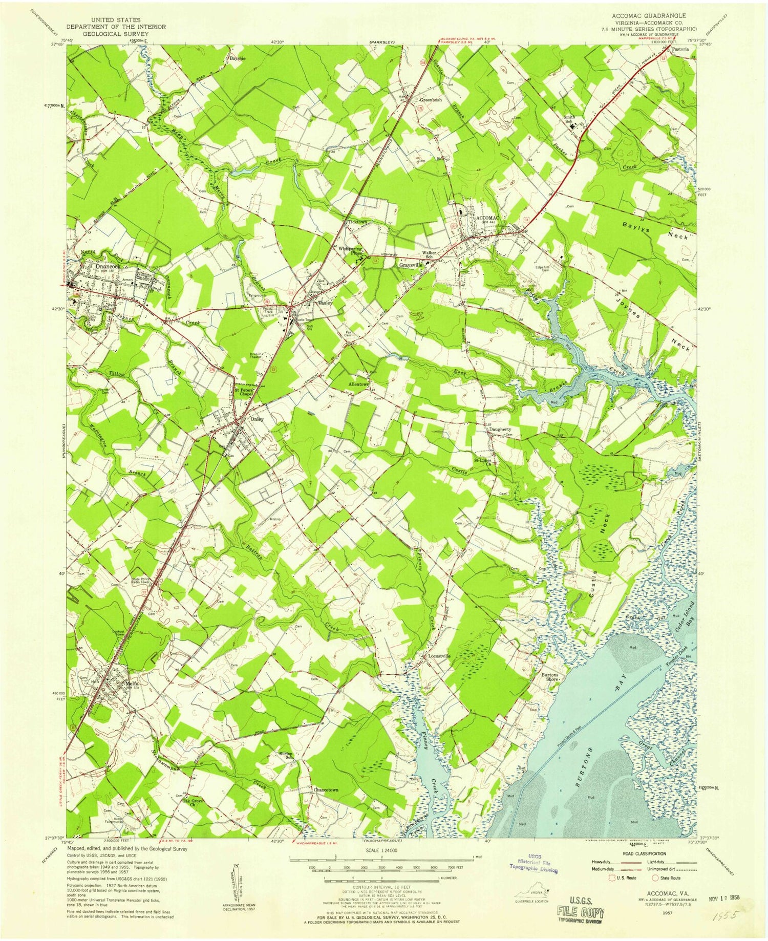 Classic USGS Accomac Virginia 7.5'x7.5' Topo Map Image