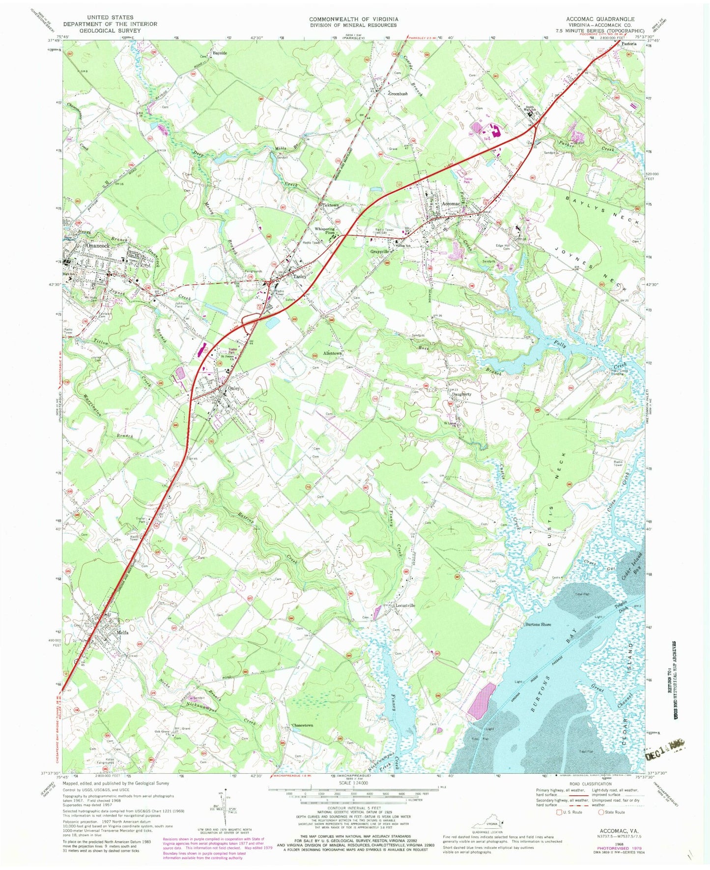 Classic USGS Accomac Virginia 7.5'x7.5' Topo Map Image