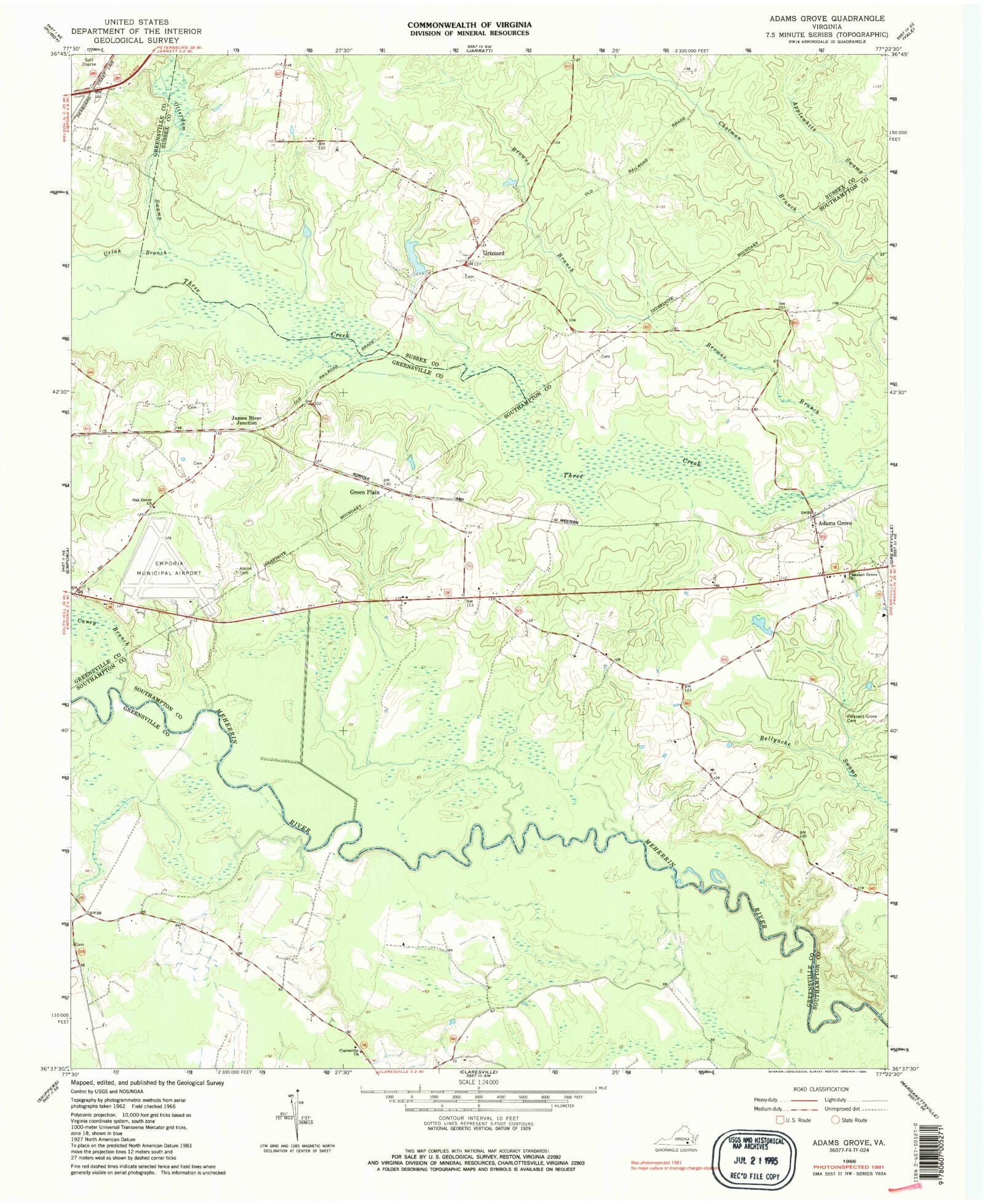 Classic USGS Adams Grove Virginia 7.5'x7.5' Topo Map MyTopo Map Store