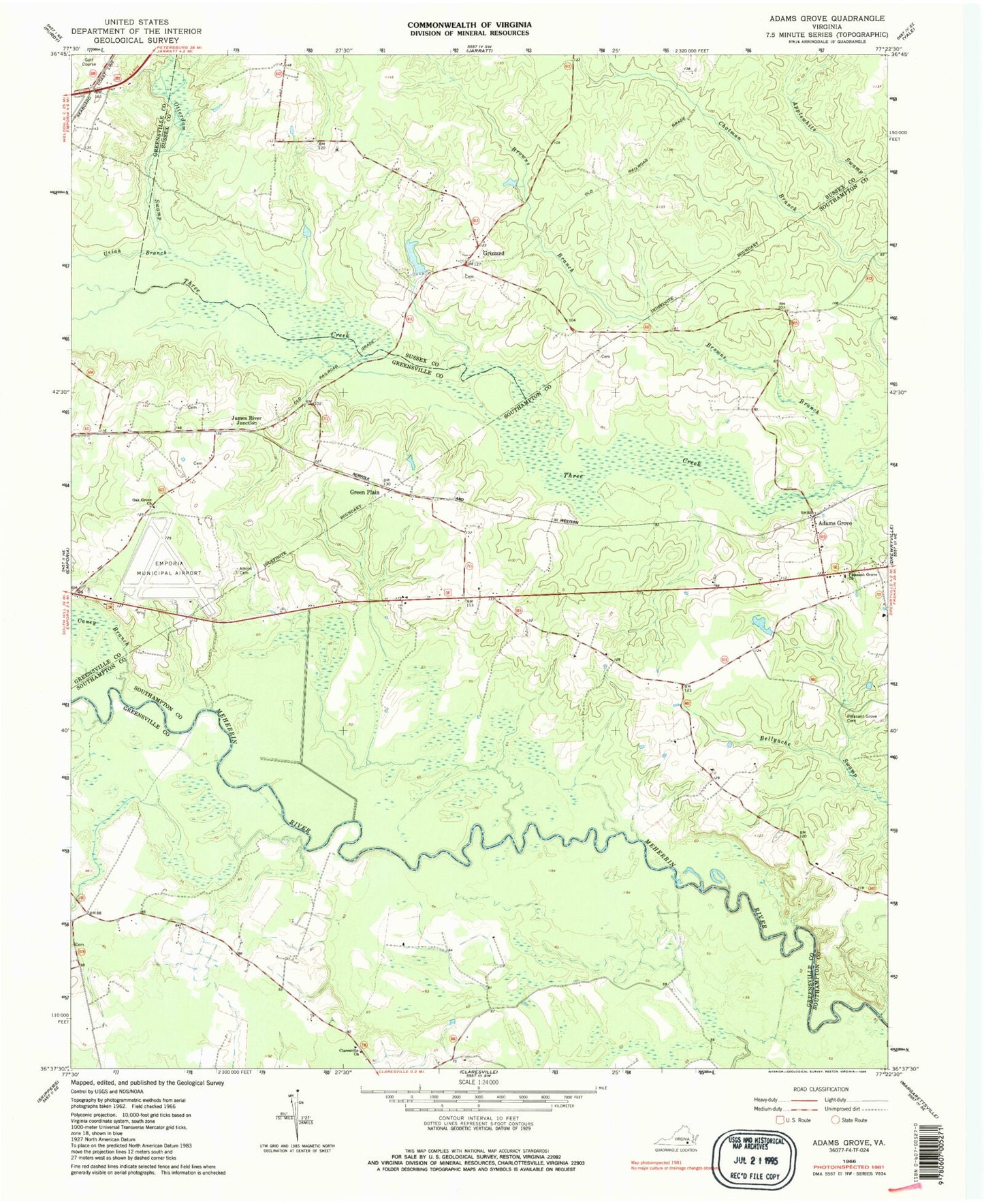 Classic USGS Adams Grove Virginia 7.5'x7.5' Topo Map Image