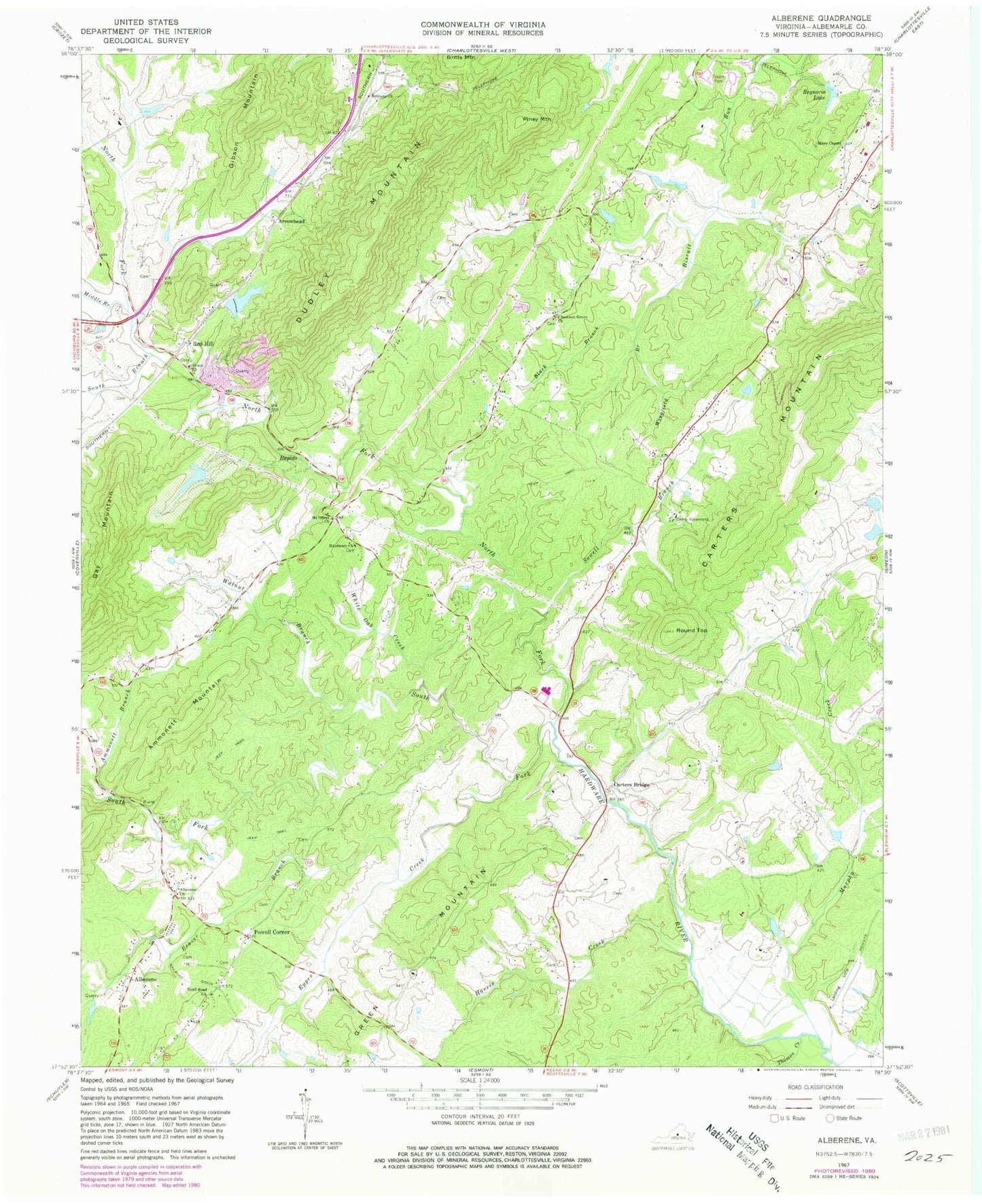 Classic USGS Alberene Virginia 7.5'x7.5' Topo Map Image