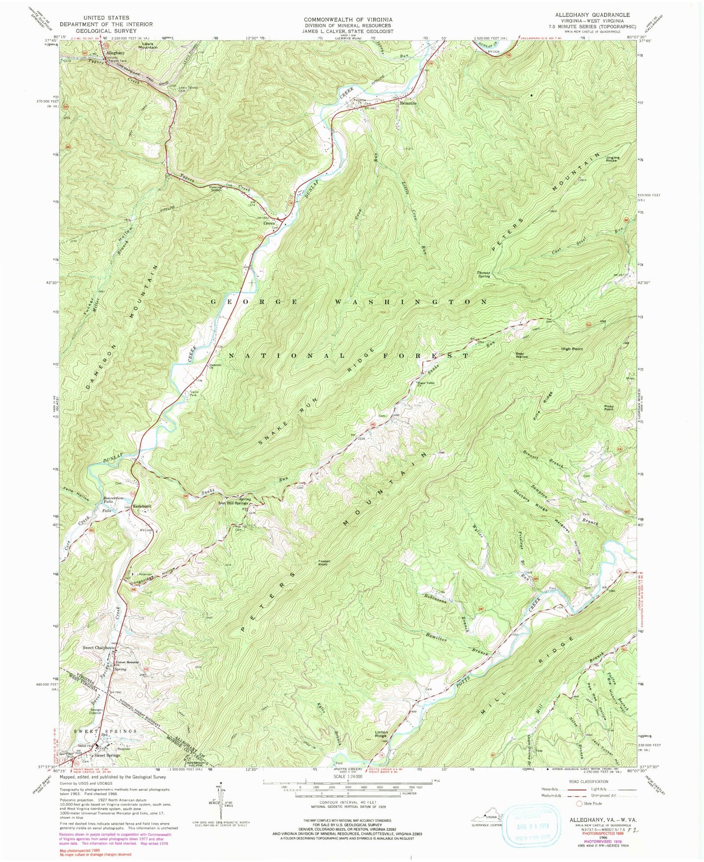 Classic USGS Alleghany Virginia 7.5'x7.5' Topo Map Image