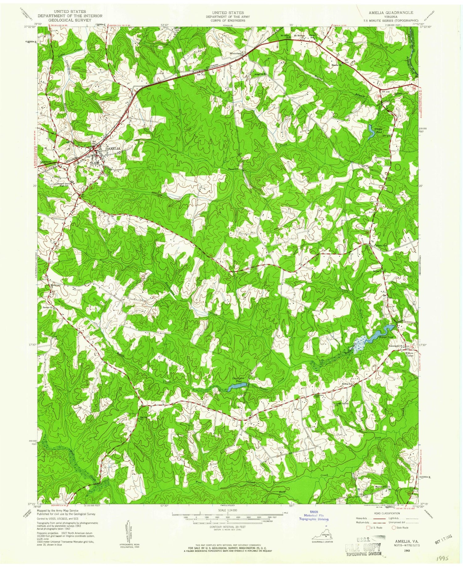 Classic USGS Amelia Court House Virginia 7.5'x7.5' Topo Map Image