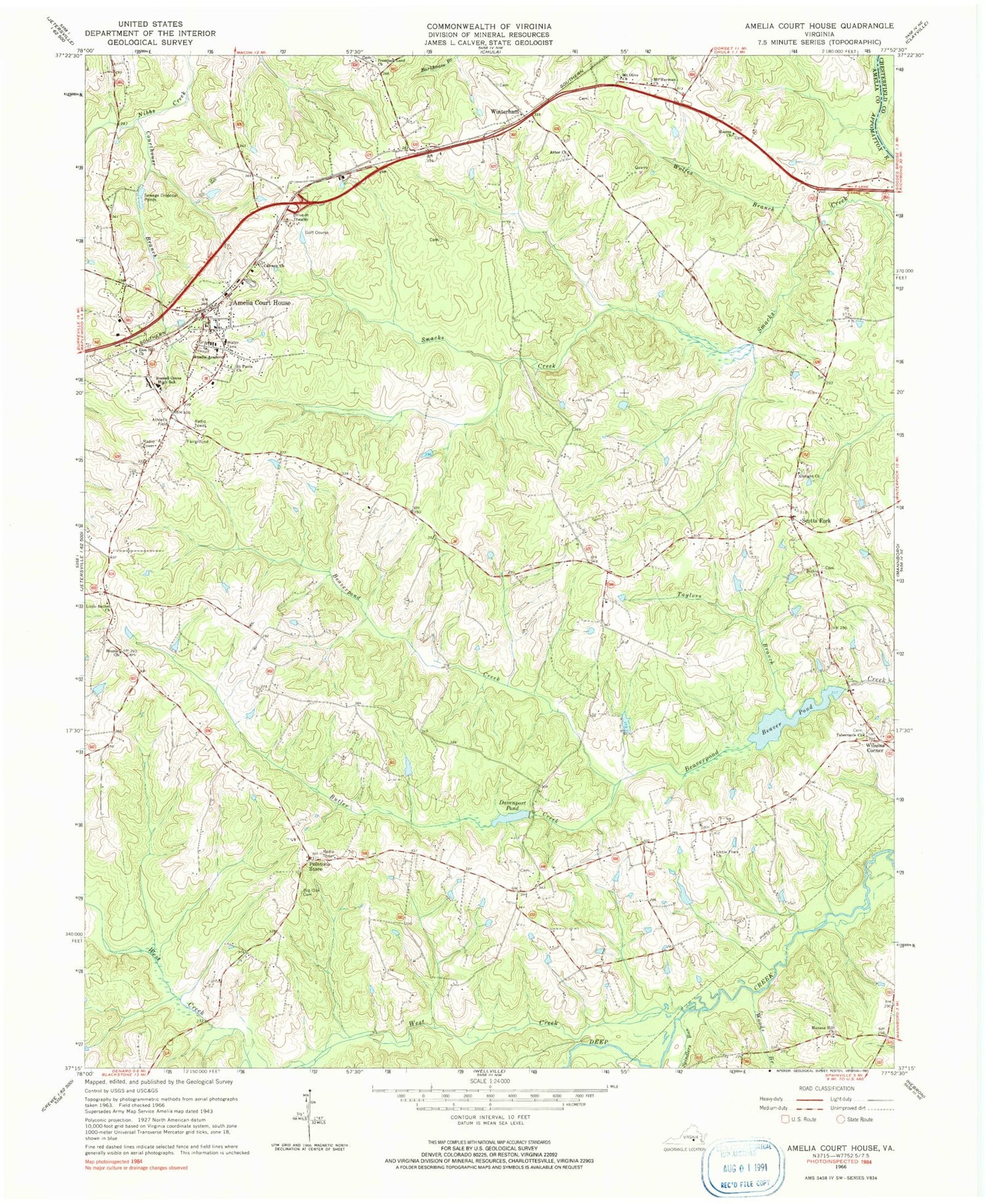 Classic USGS Amelia Court House Virginia 7.5'x7.5' Topo Map Image