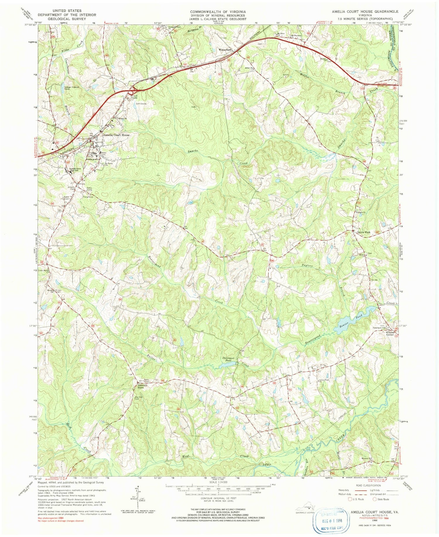 Classic USGS Amelia Court House Virginia 7.5'x7.5' Topo Map Image