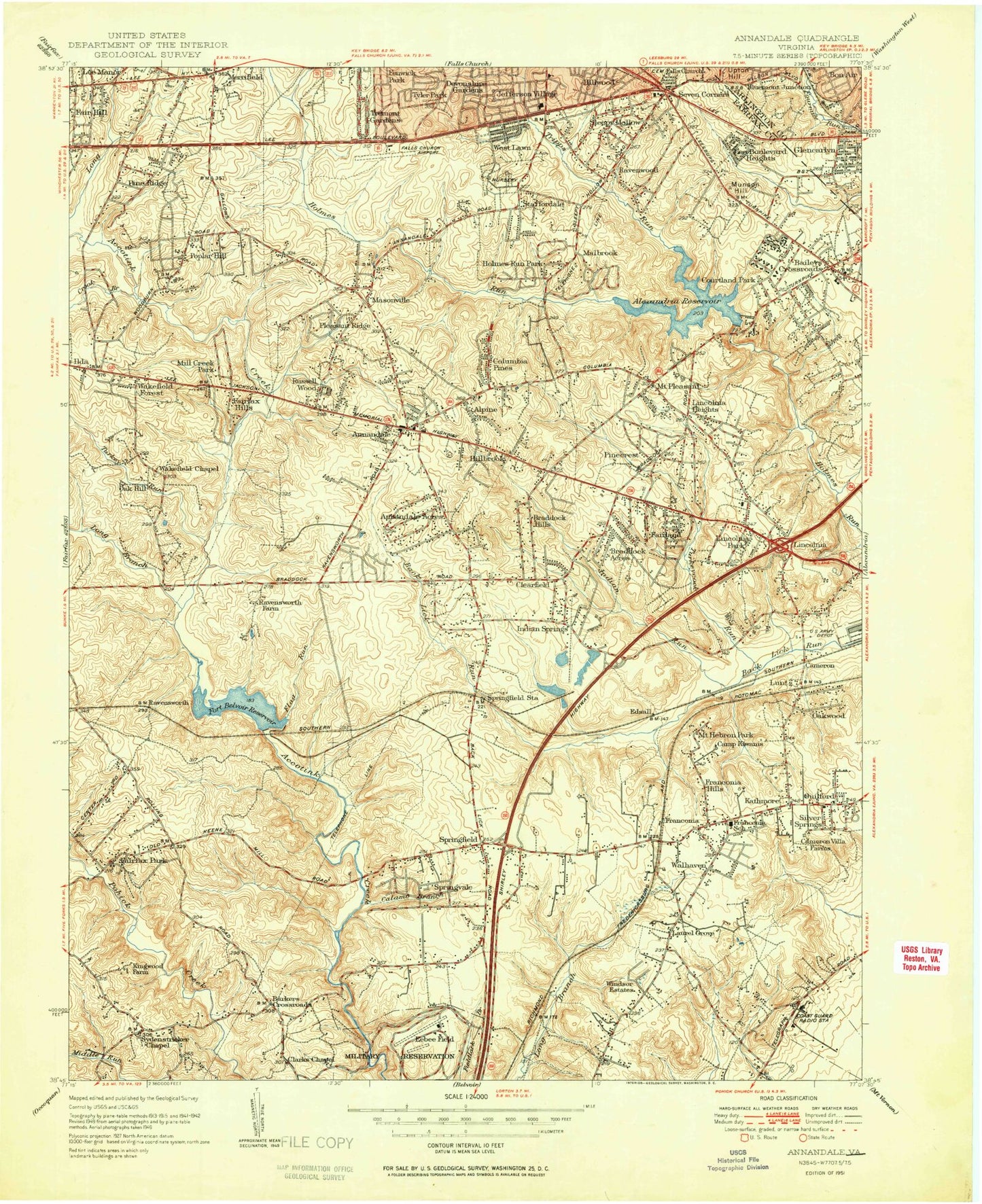 Classic USGS Annandale Virginia 7.5'x7.5' Topo Map Image