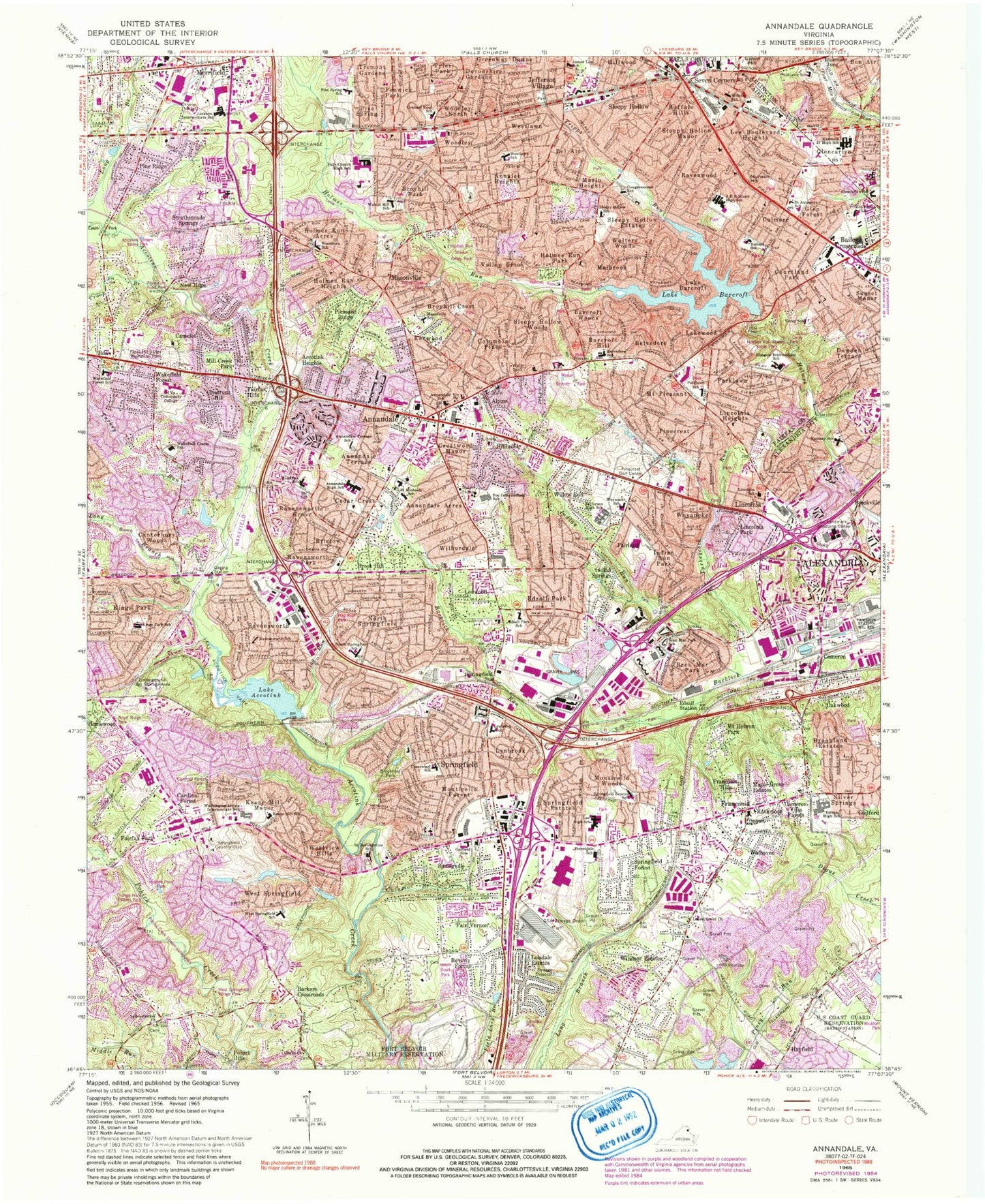 Classic USGS Annandale Virginia 7.5'x7.5' Topo Map Image