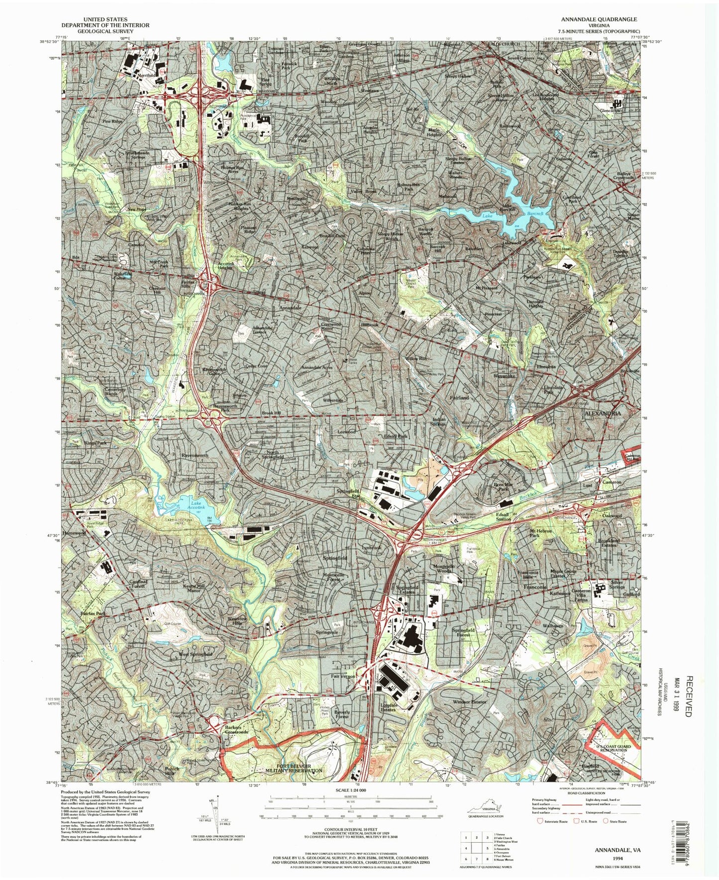 Classic USGS Annandale Virginia 7.5'x7.5' Topo Map Image