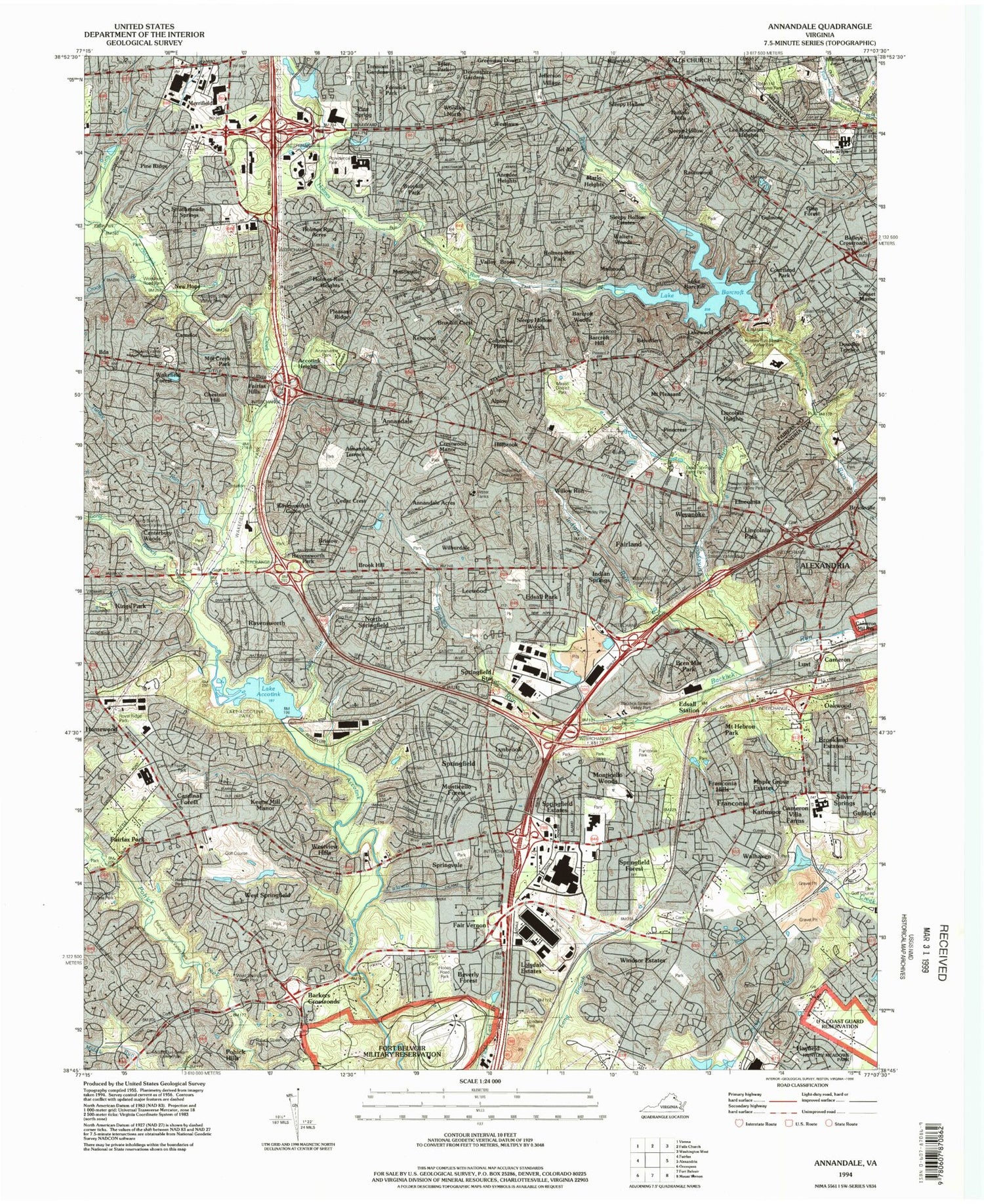 Classic USGS Annandale Virginia 7.5'x7.5' Topo Map Image