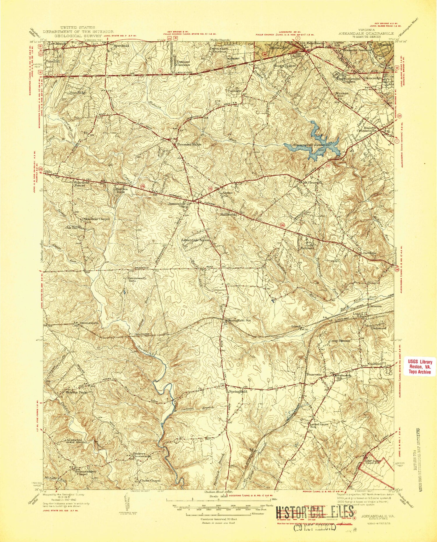 Classic USGS Annandale Virginia 7.5'x7.5' Topo Map Image