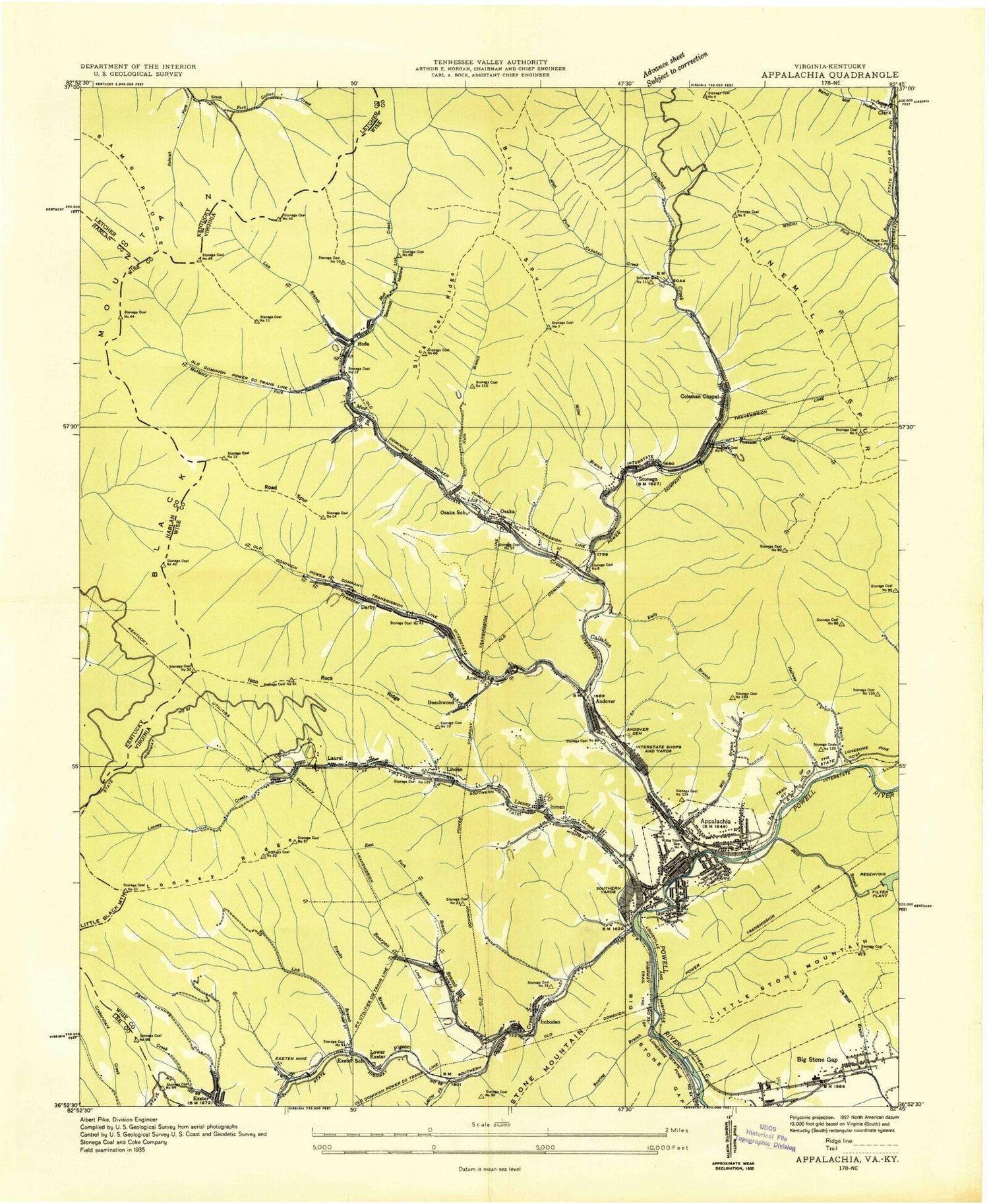 Classic USGS Appalachia Virginia 7.5'x7.5' Topo Map Image