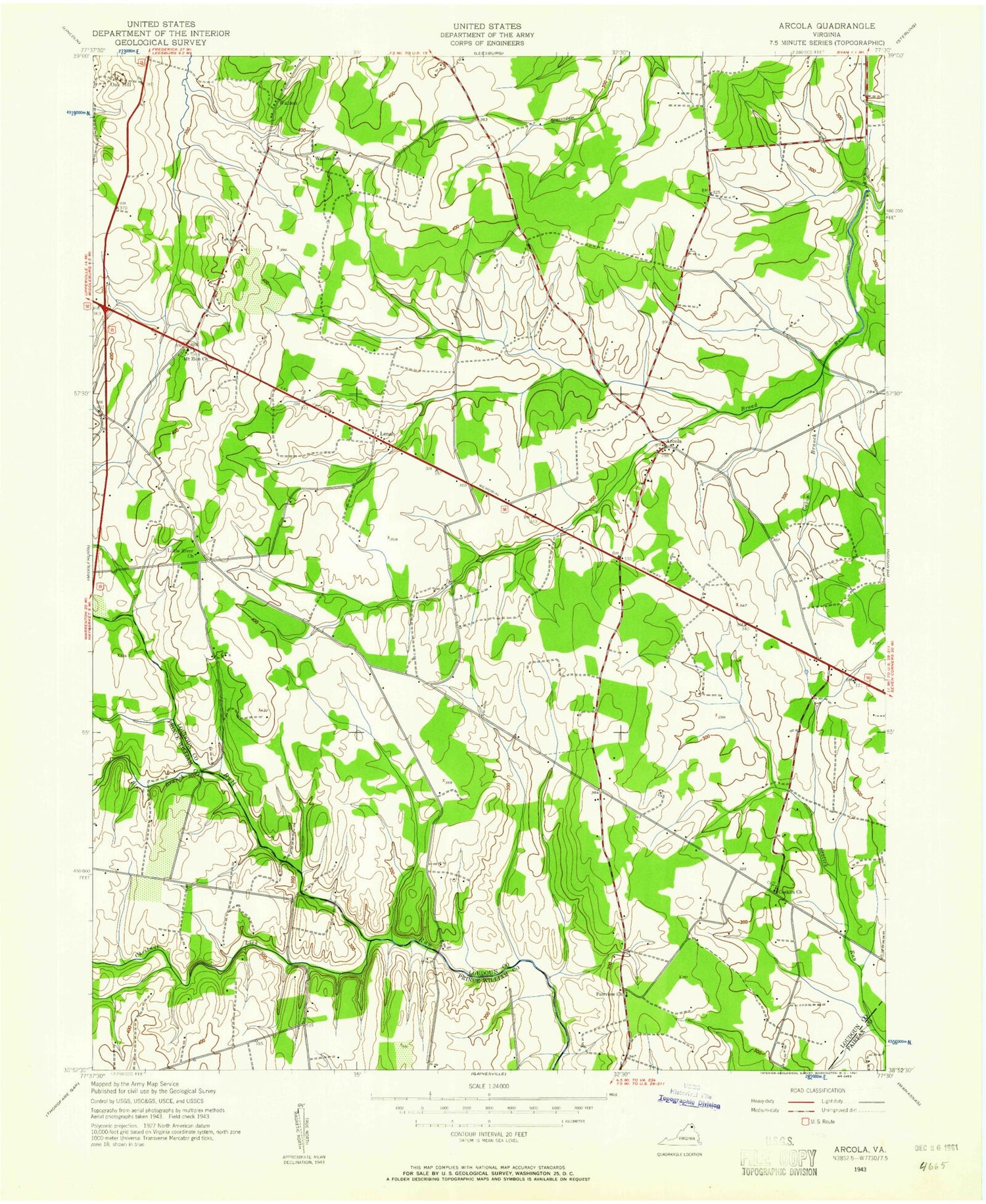Classic USGS Arcola Virginia 7.5'x7.5' Topo Map Image