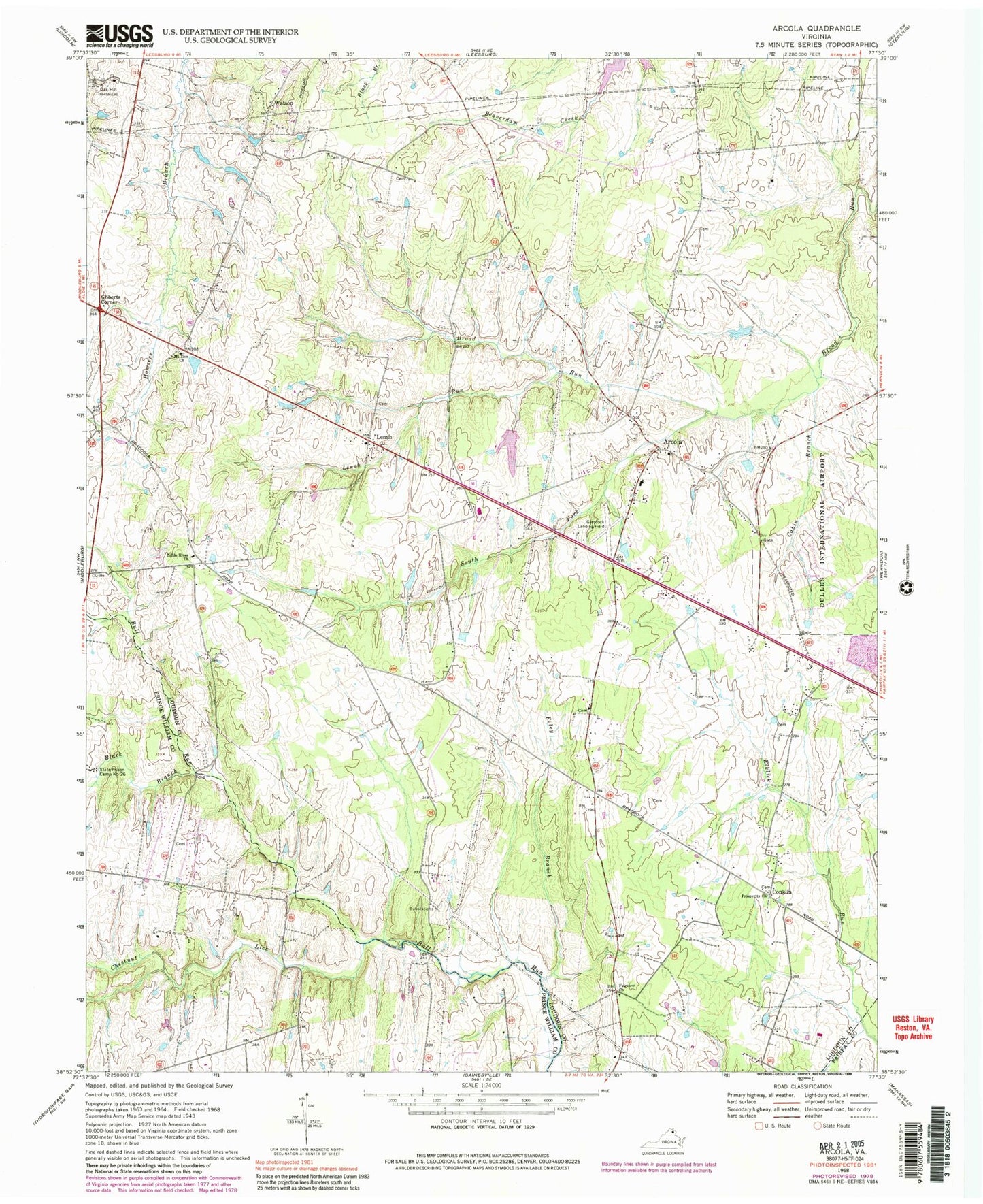 Classic USGS Arcola Virginia 7.5'x7.5' Topo Map Image