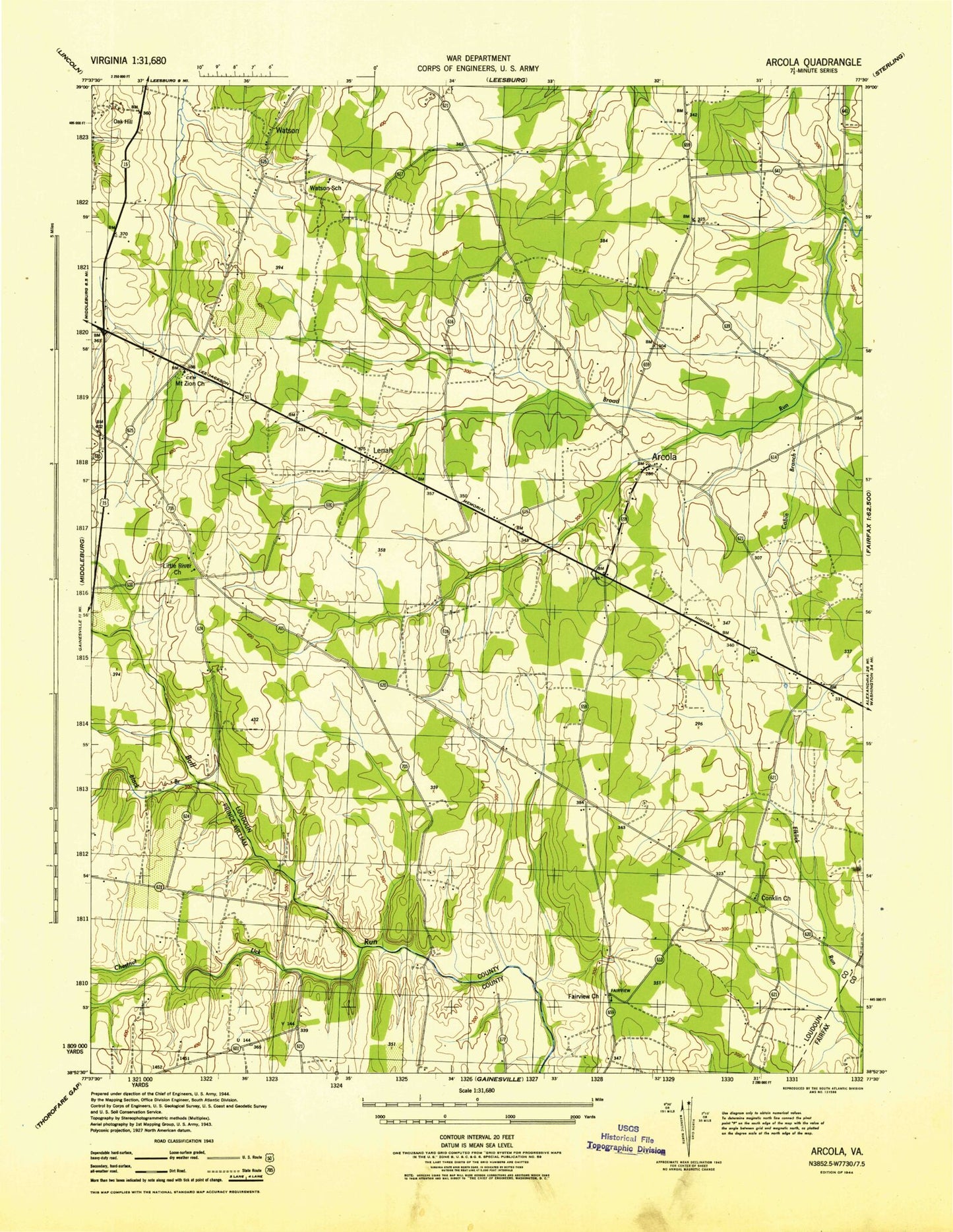 Classic USGS Arcola Virginia 7.5'x7.5' Topo Map Image