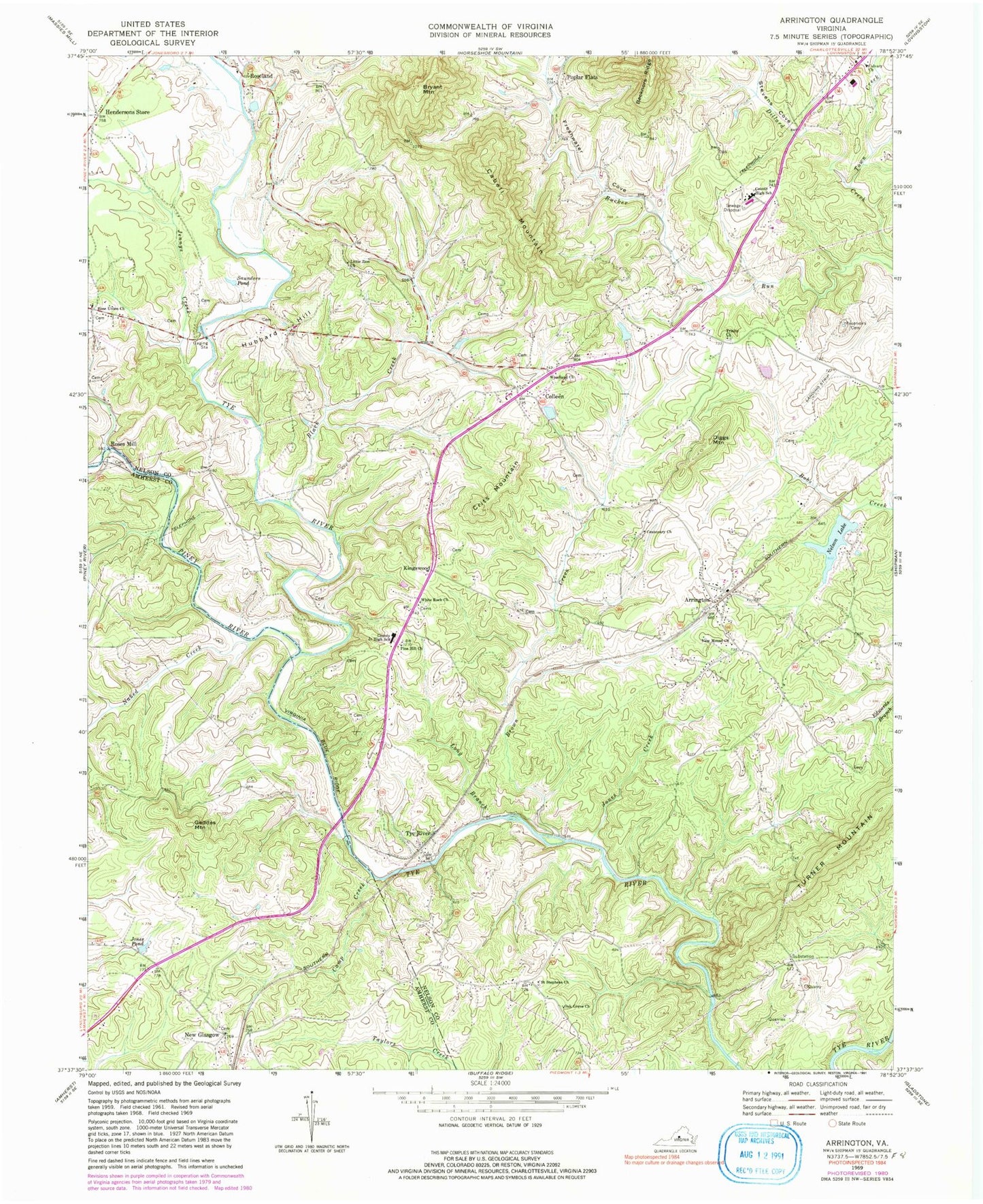 Classic USGS Arrington Virginia 7.5'x7.5' Topo Map Image