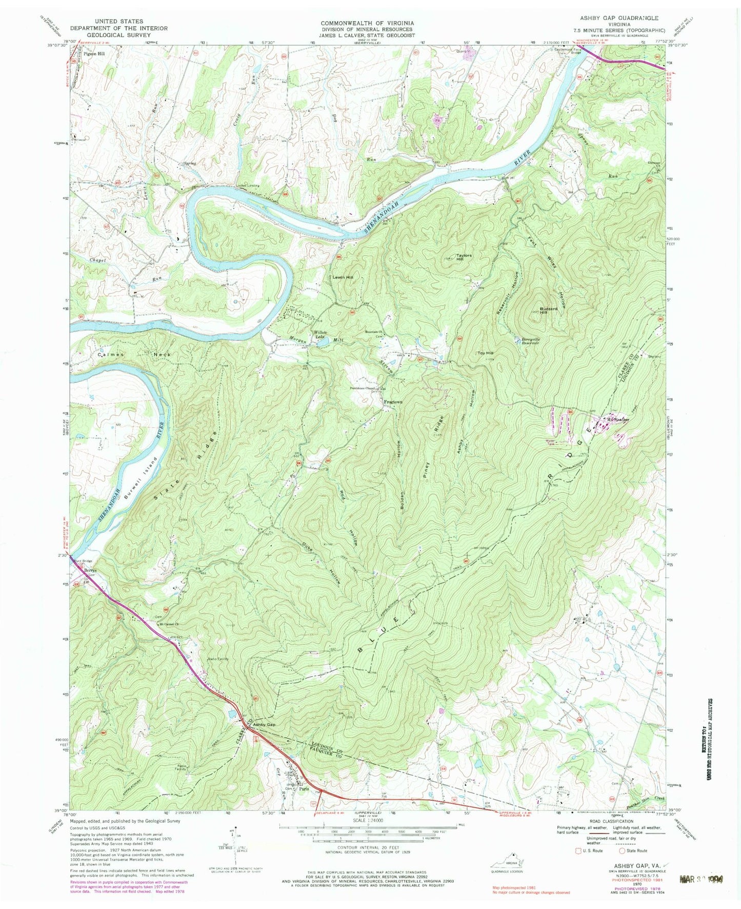 Classic USGS Ashby Gap Virginia 7.5'x7.5' Topo Map Image