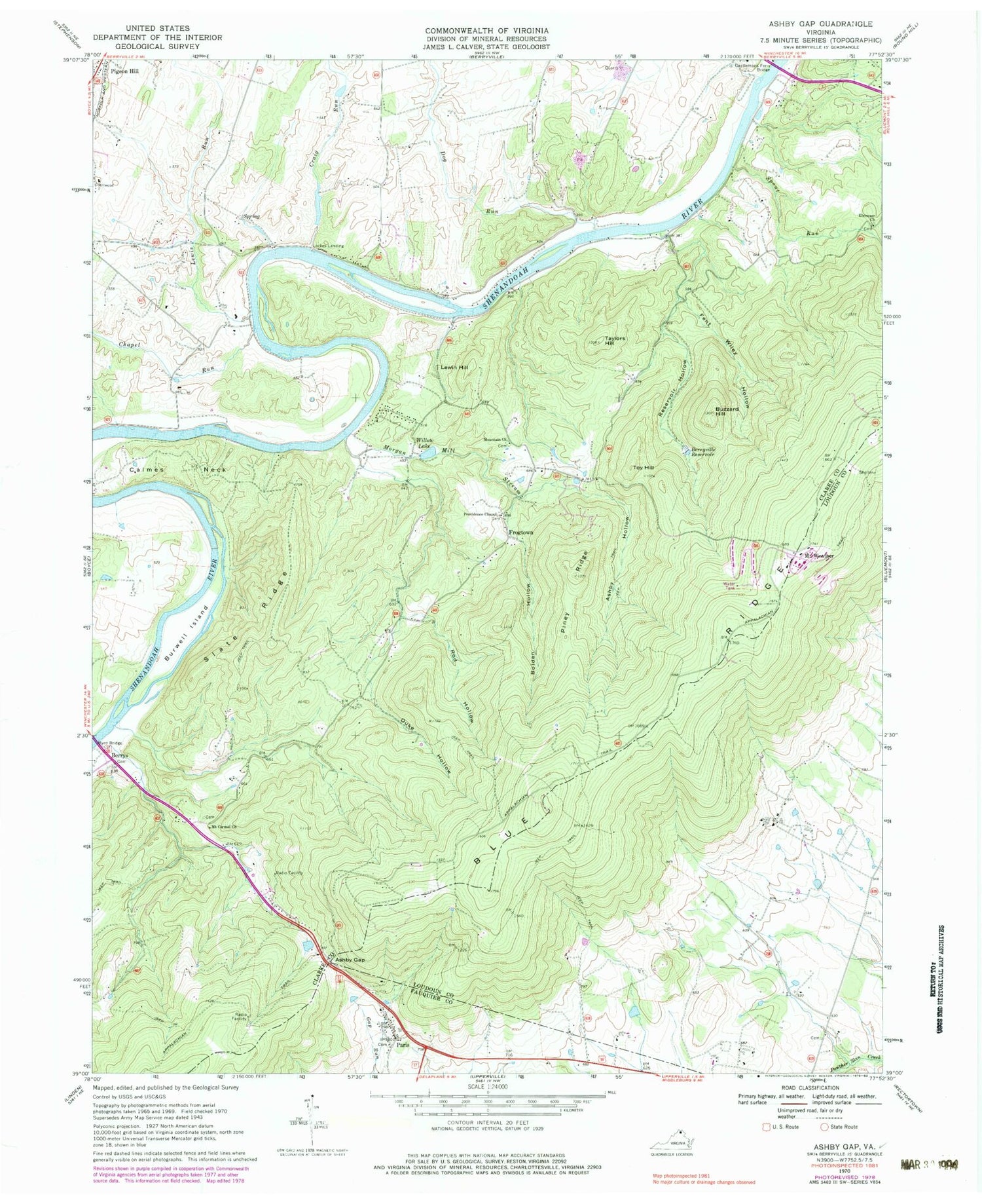 Classic USGS Ashby Gap Virginia 7.5'x7.5' Topo Map Image