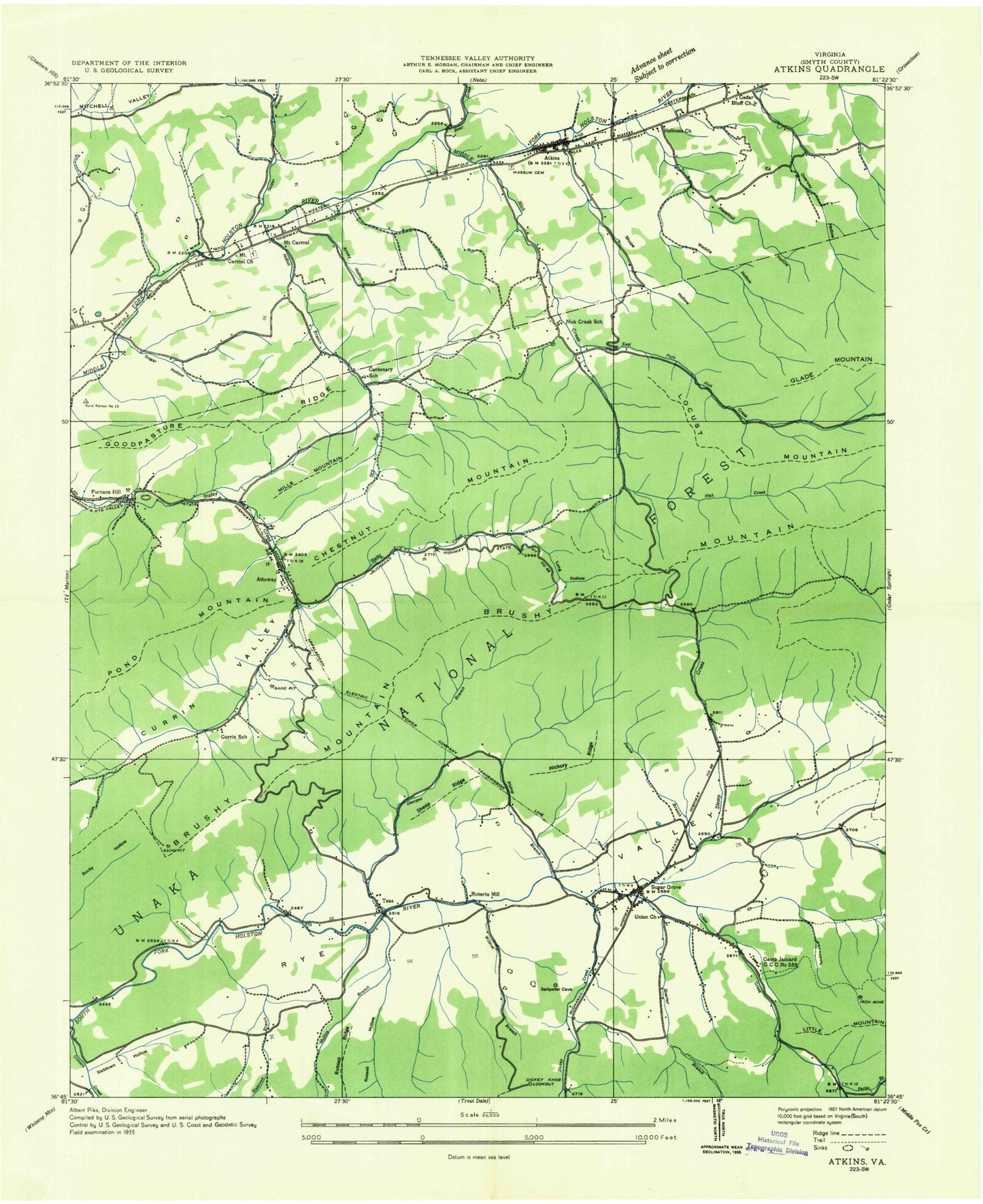 Classic USGS Atkins Virginia 7.5'x7.5' Topo Map Image