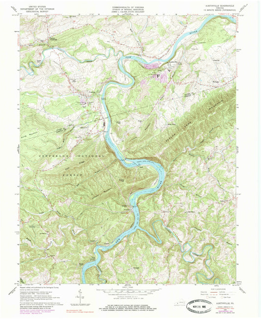 Classic USGS Austinville Virginia 7.5'x7.5' Topo Map Image