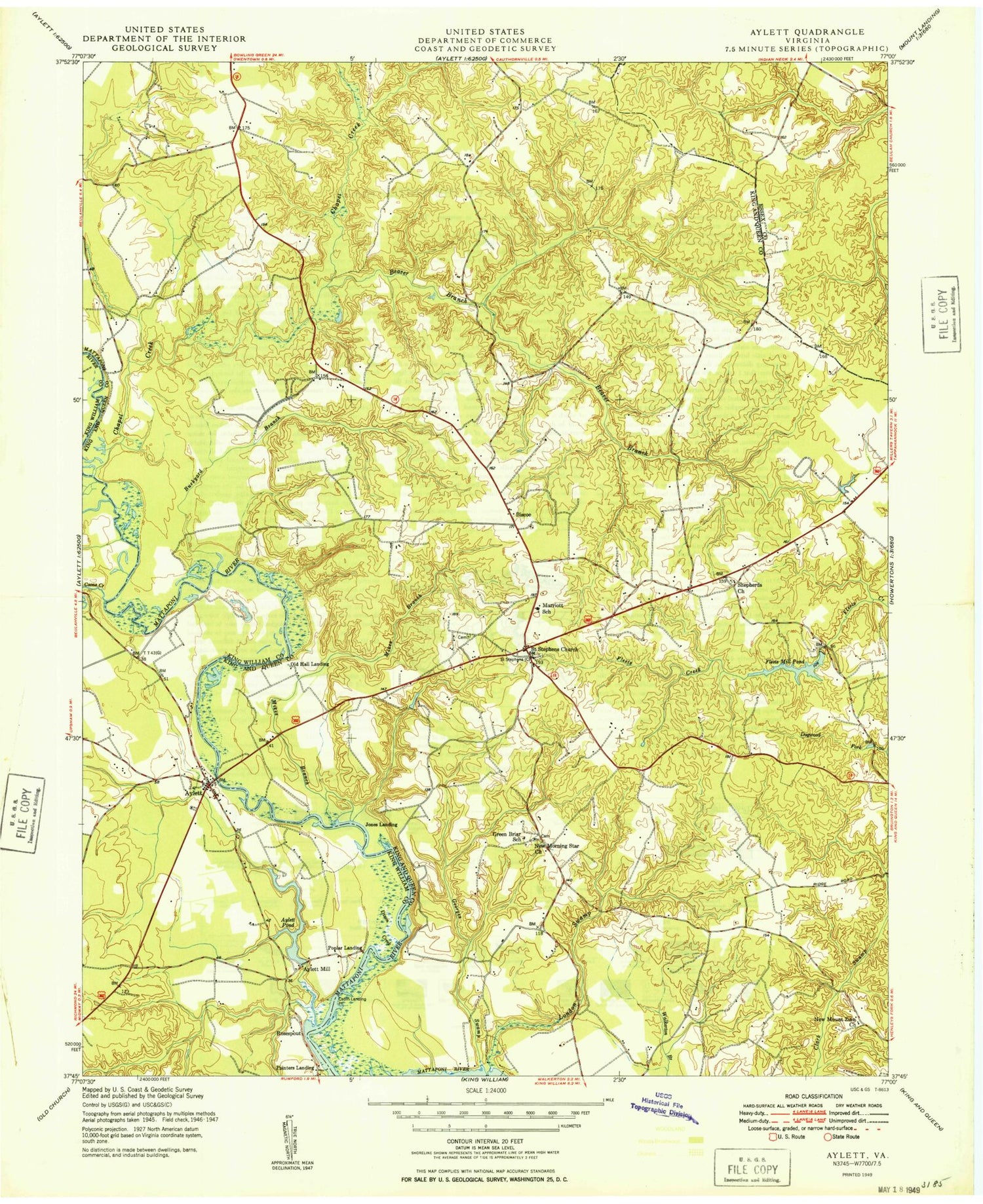 Classic USGS Aylett Virginia 7.5'x7.5' Topo Map Image