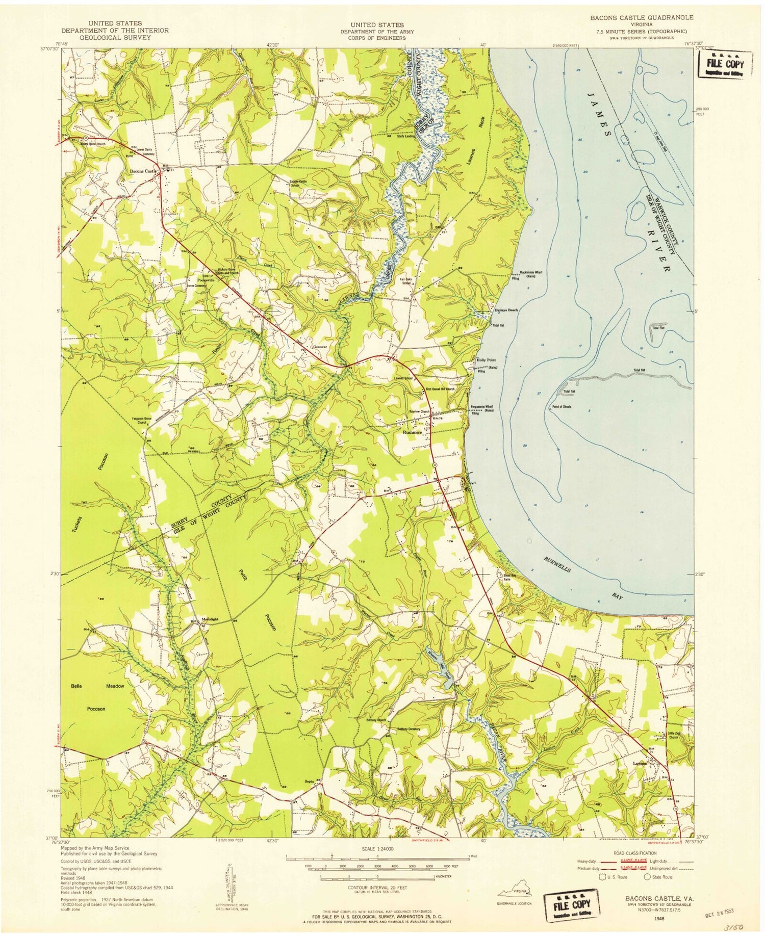 Classic USGS Bacons Castle Virginia 7.5'x7.5' Topo Map Image