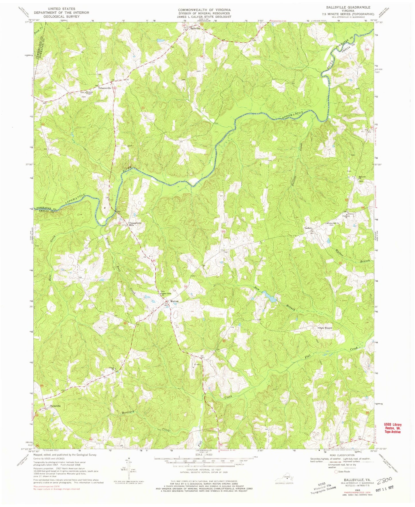Classic USGS Ballsville Virginia 7.5'x7.5' Topo Map Image