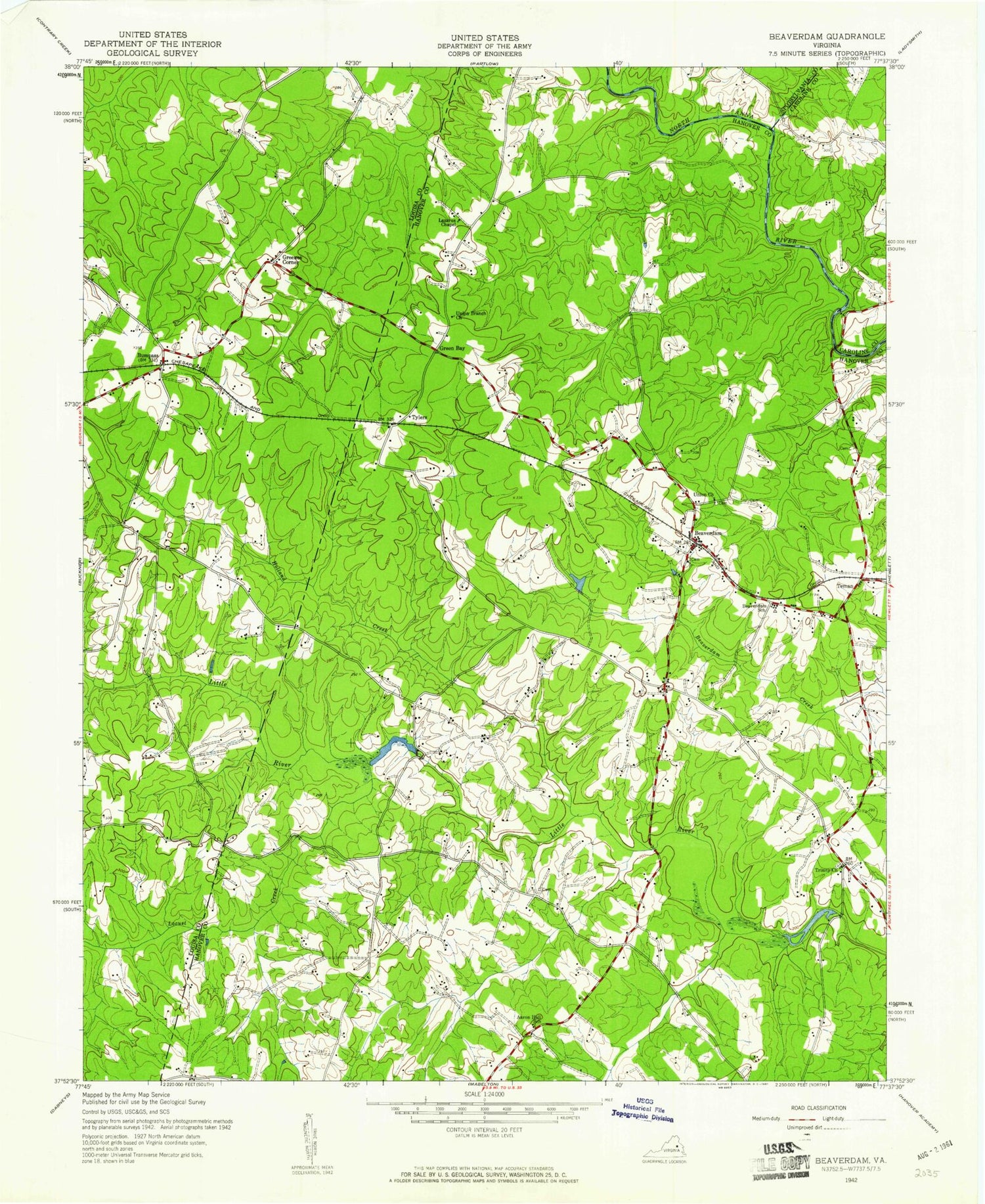 Classic USGS Beaverdam Virginia 7.5'x7.5' Topo Map Image