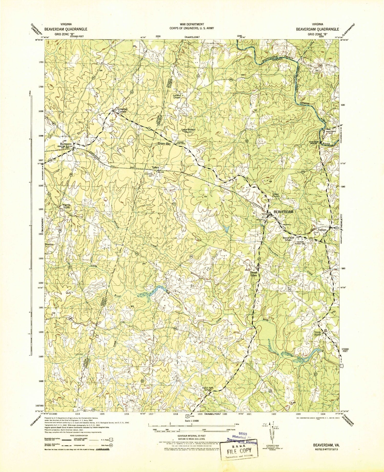 Classic USGS Beaverdam Virginia 7.5'x7.5' Topo Map Image